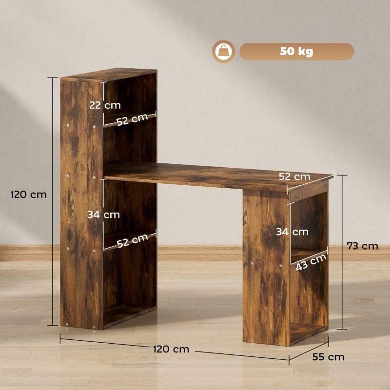 Computer Desk 120cm with 6-Tier Bookshelves, Rustic Brown Wood-Effect