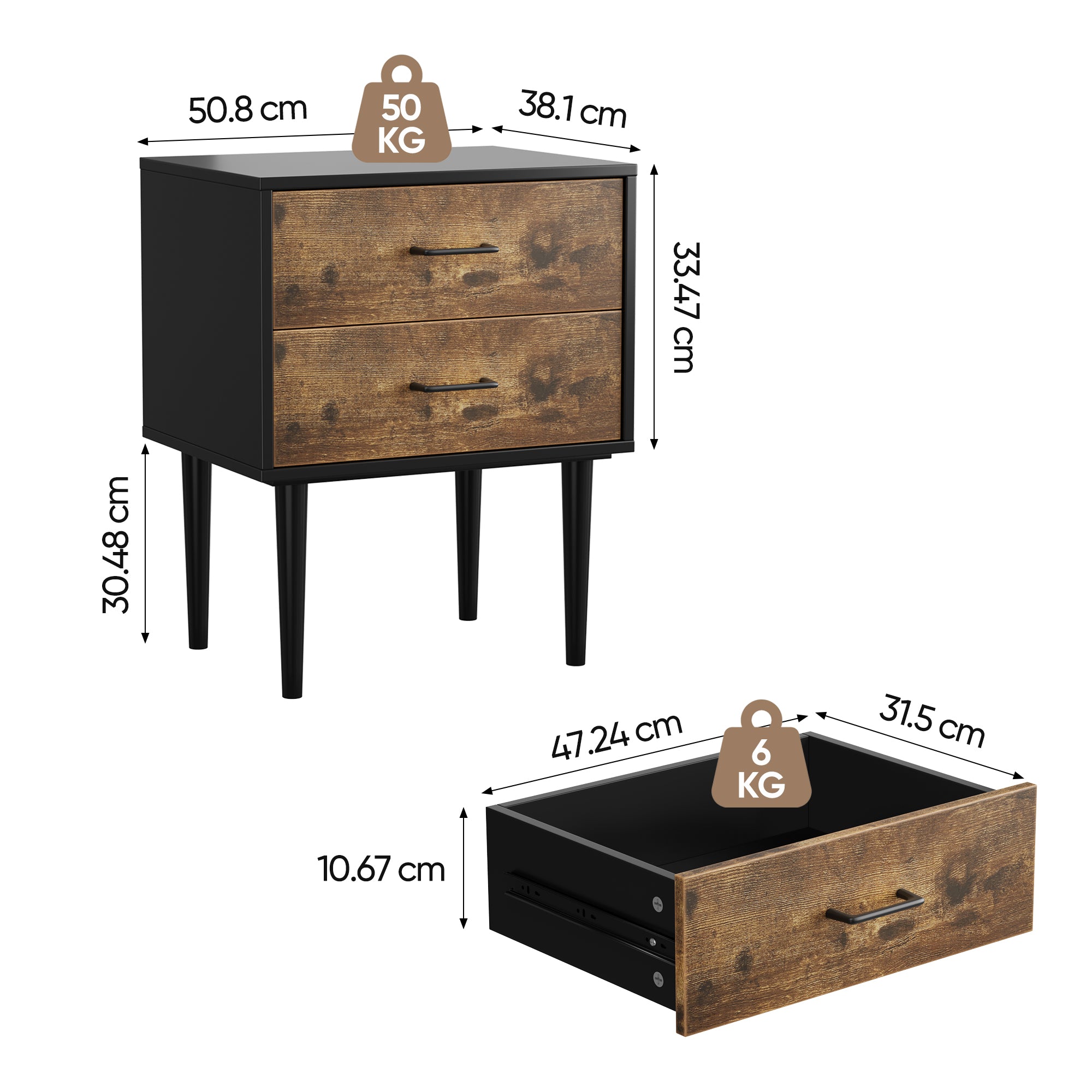 Retro Industrial Bedside Table 2 Drawers 51x38x66cm Vintage Brown