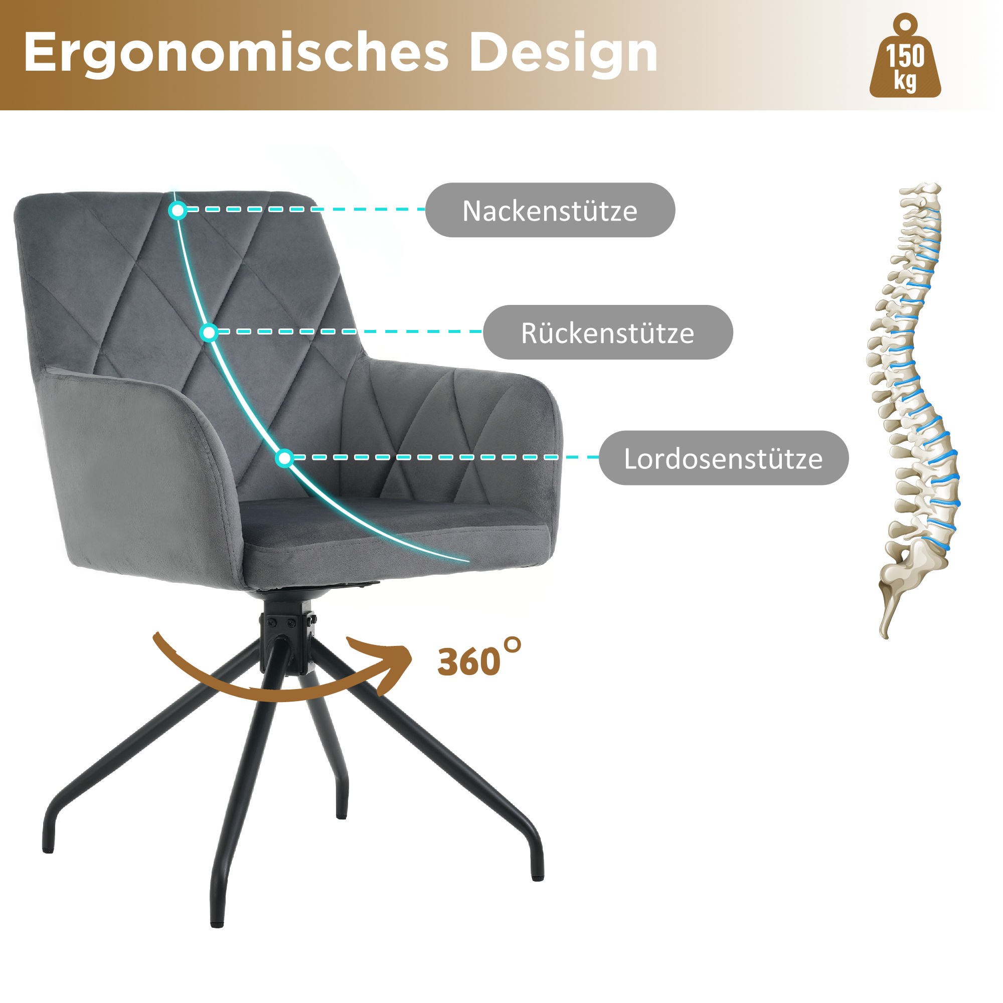 360° Swivel Dining Chairs, Set of 6 with Diamond Pattern and Lumbar Support, Anthracite Velvet