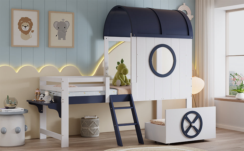 Bunk Bed, Half-Height Kids Bed with Roof, Window, Drawer & Ladder, Pine + MDF + Plywood, White + Dark Blue, 90x200cm
