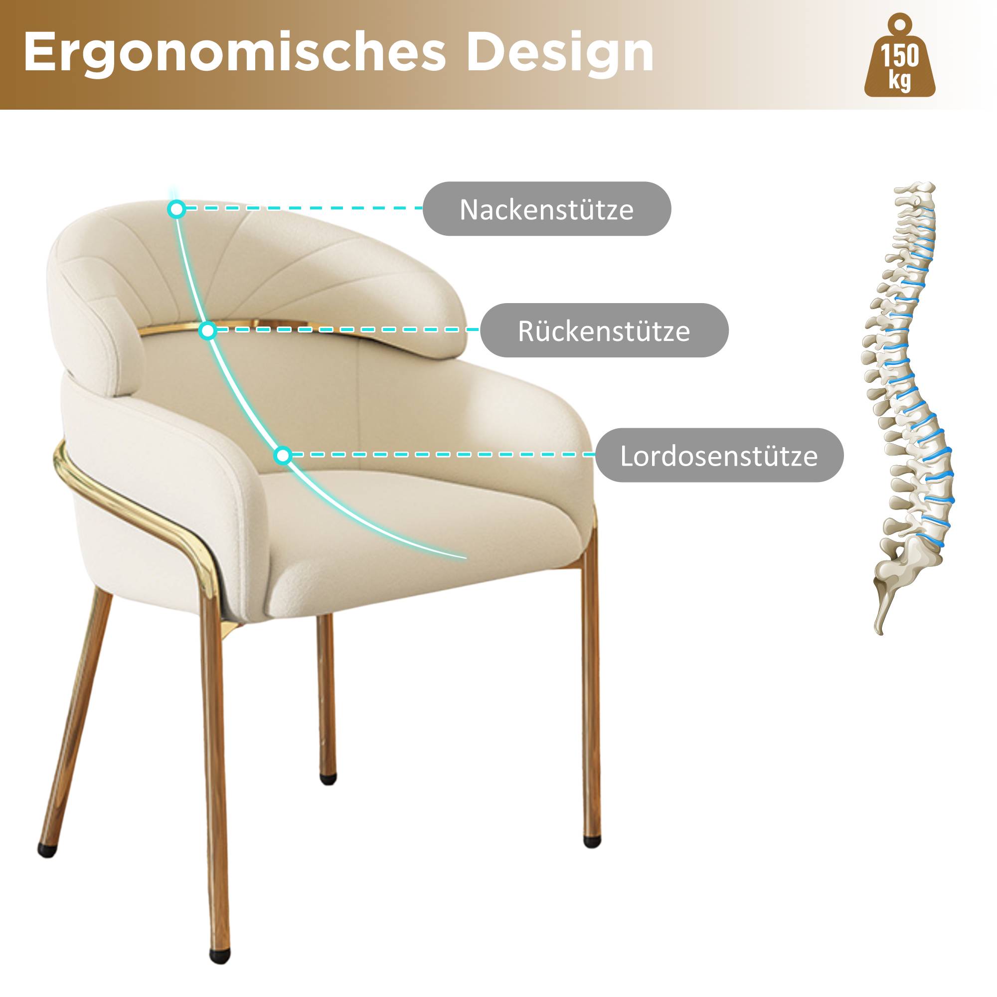 Light Luxury Dining Chair with Metal Legs, Velvet, Beige