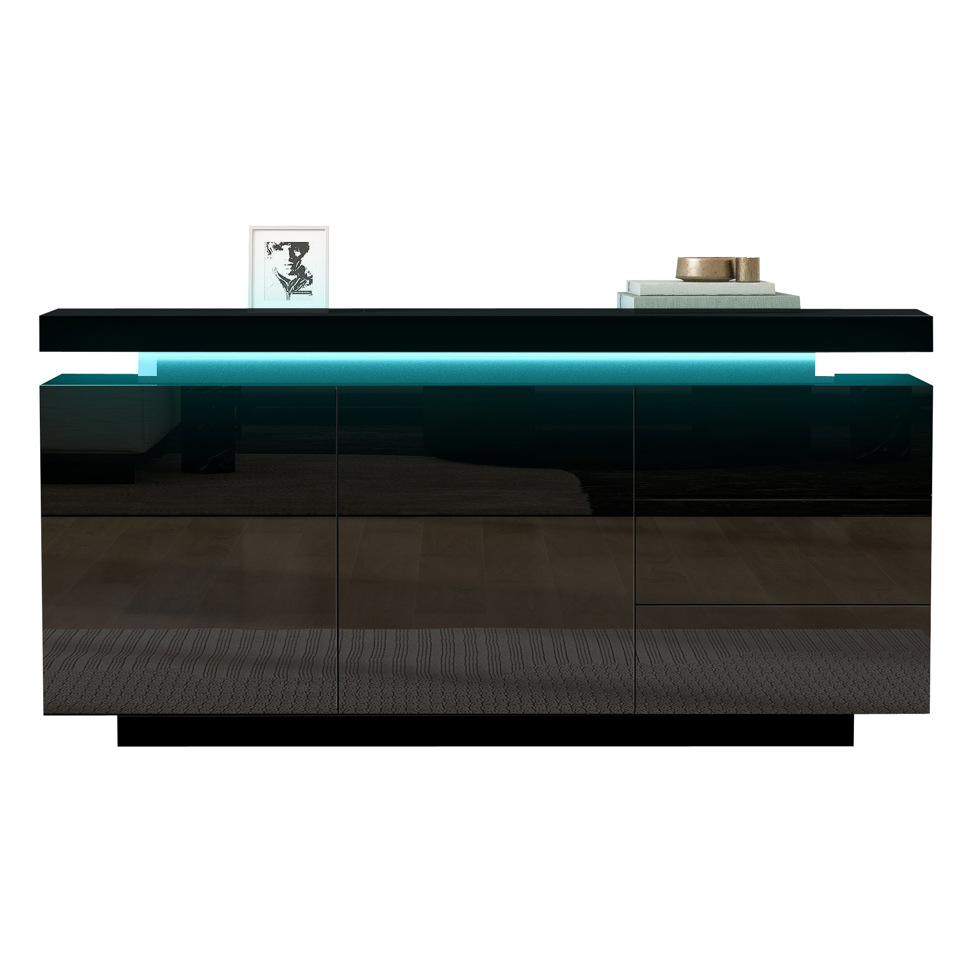 Modern Sideboard Cabinet High-Gloss LED Handleless 2 Doors 3 Drawers 140cm - Black
