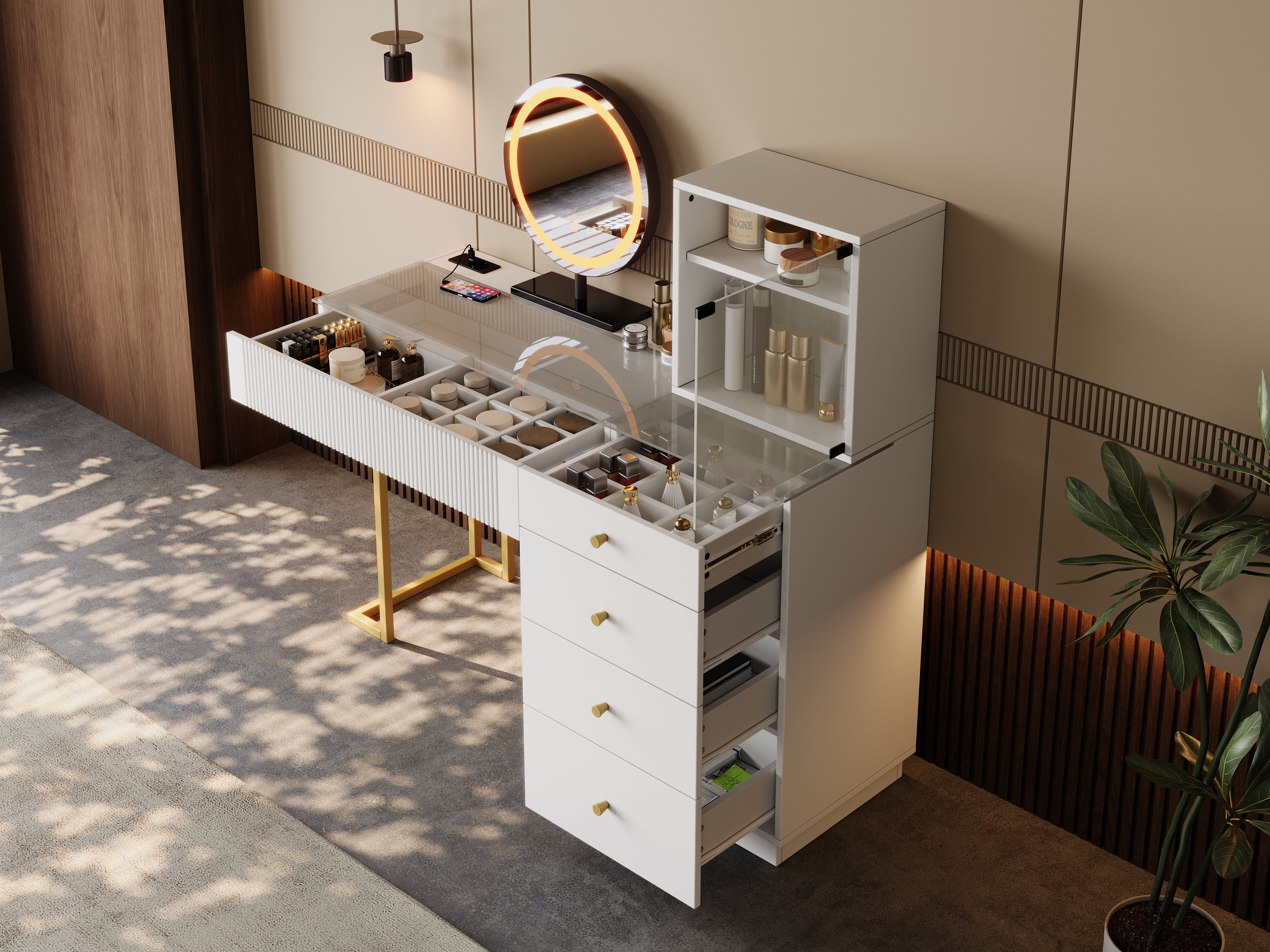 Dressing Table Set with LED Mirror and Glass Top, White