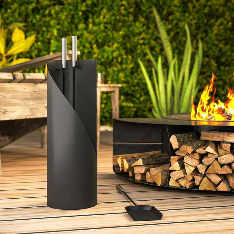 Fireplace Tool Set 4-Piece Brush Shovel Poker and Basket Black Metal