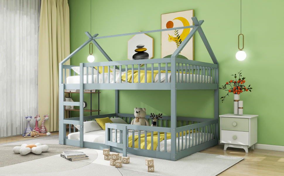 Bunk Bed, 140x200cm Family Bed with Stairs, Solid Wood, Grey