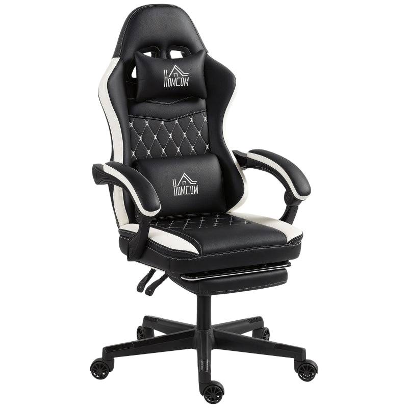 Gaming Chair with Footrest, Headrest & Cushion, Swivel, Adjustable Height Faux Leather Black and White