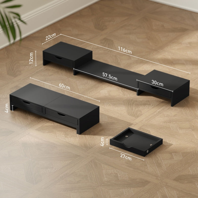 Dual Monitor Stand Riser with 2 Drawers Adjustable Length and Angle, Black