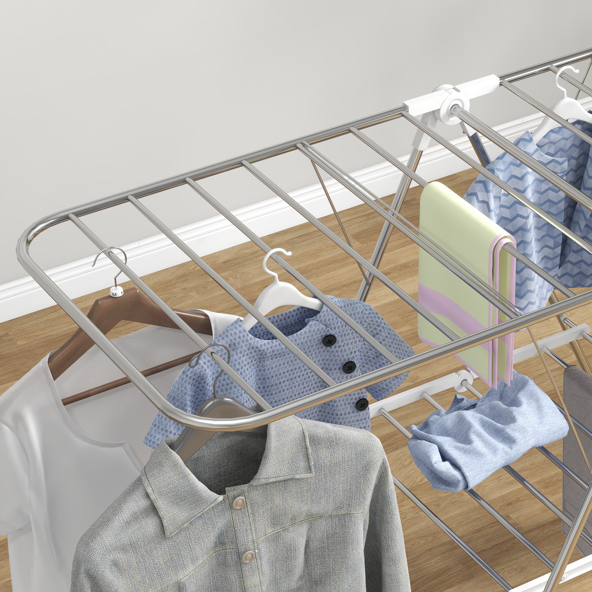 Clothes Airer, Foldable Portable with Telescopic Poles, Stainless Steel and Plastic, Silver and White