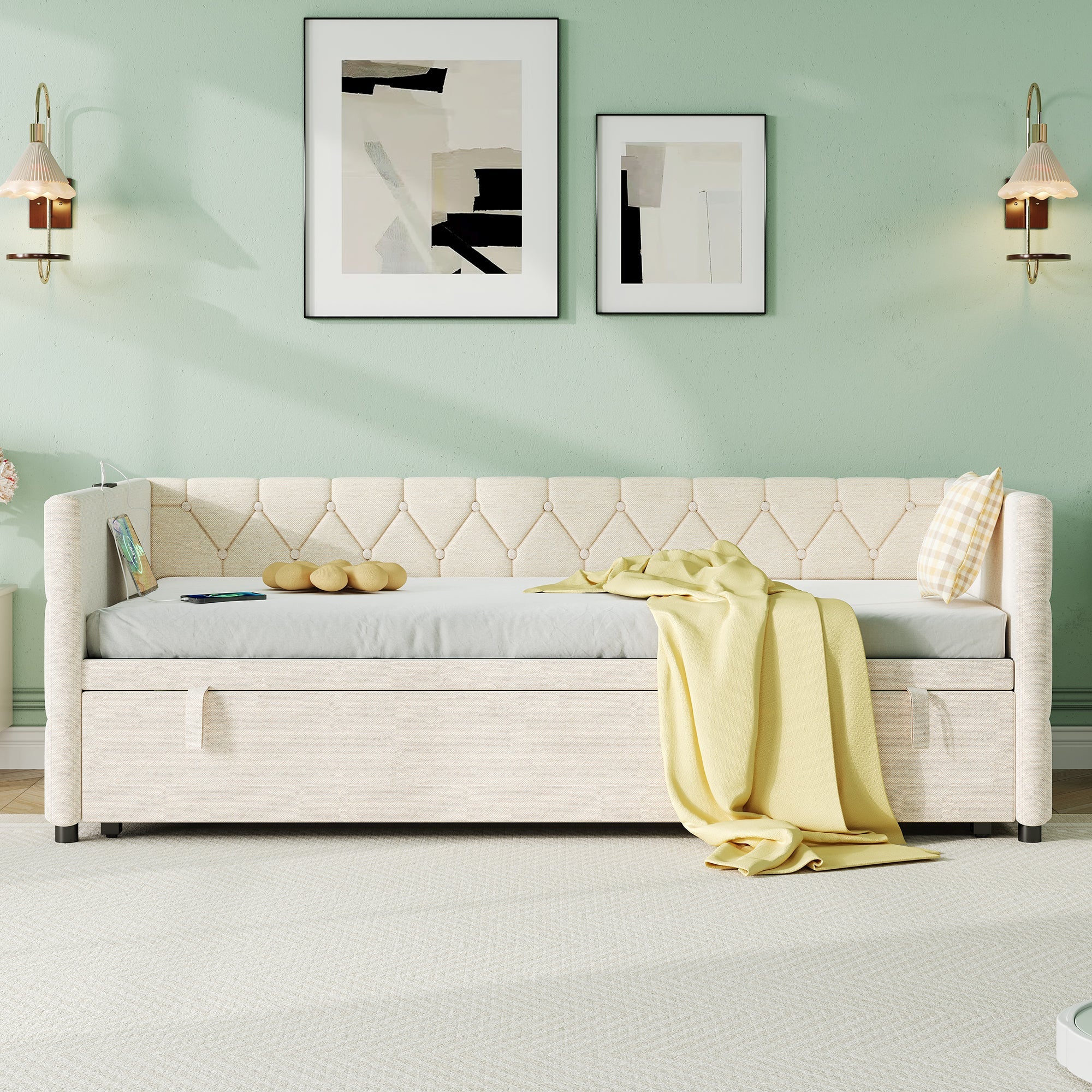 Upholstered Daybed Sofa Bed with Charging Station USB and Type-C Ports Pull Out Trundle Bed, Linen Beige