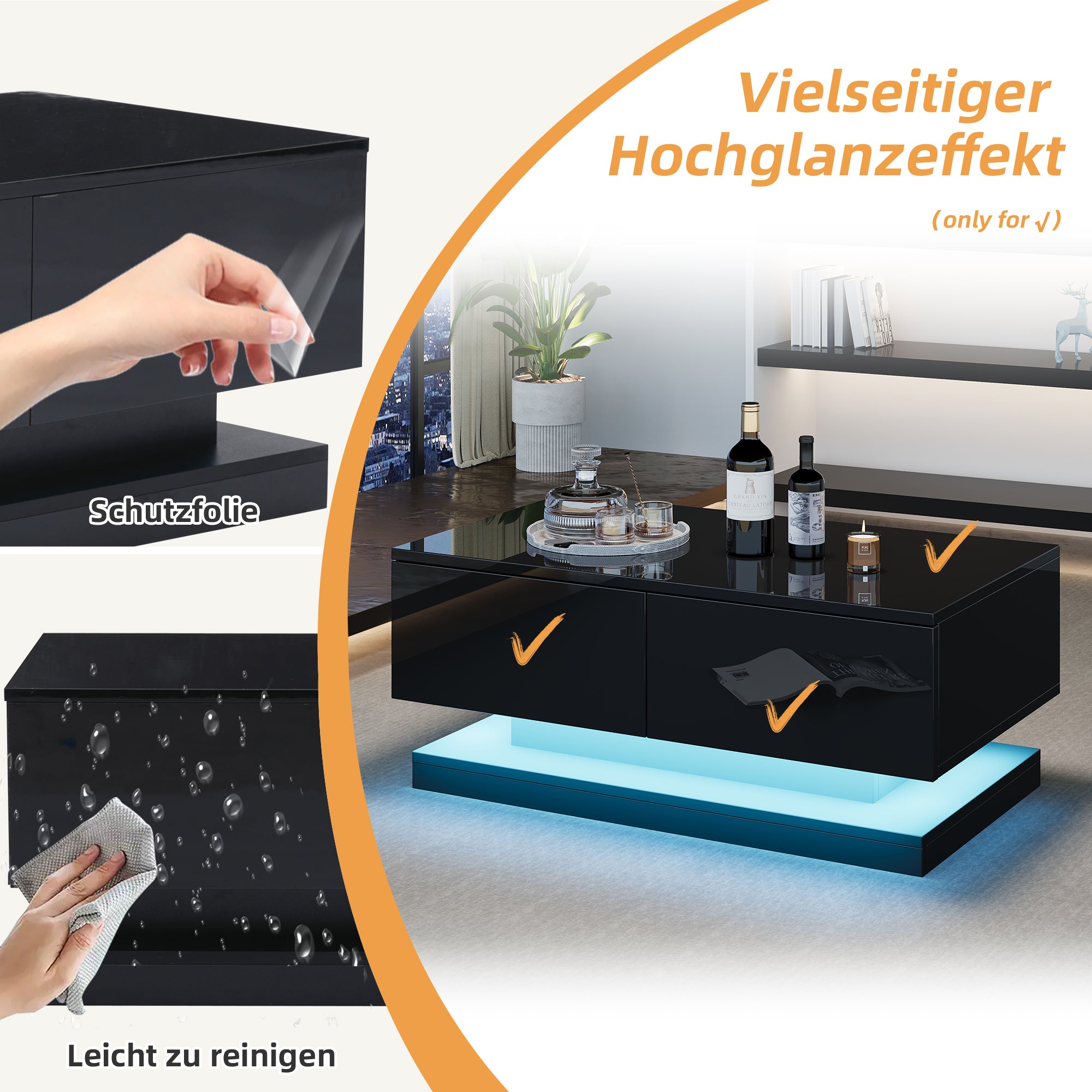 Coffee Table, High-Gloss with 2 Drawers & LED Lighting, Black