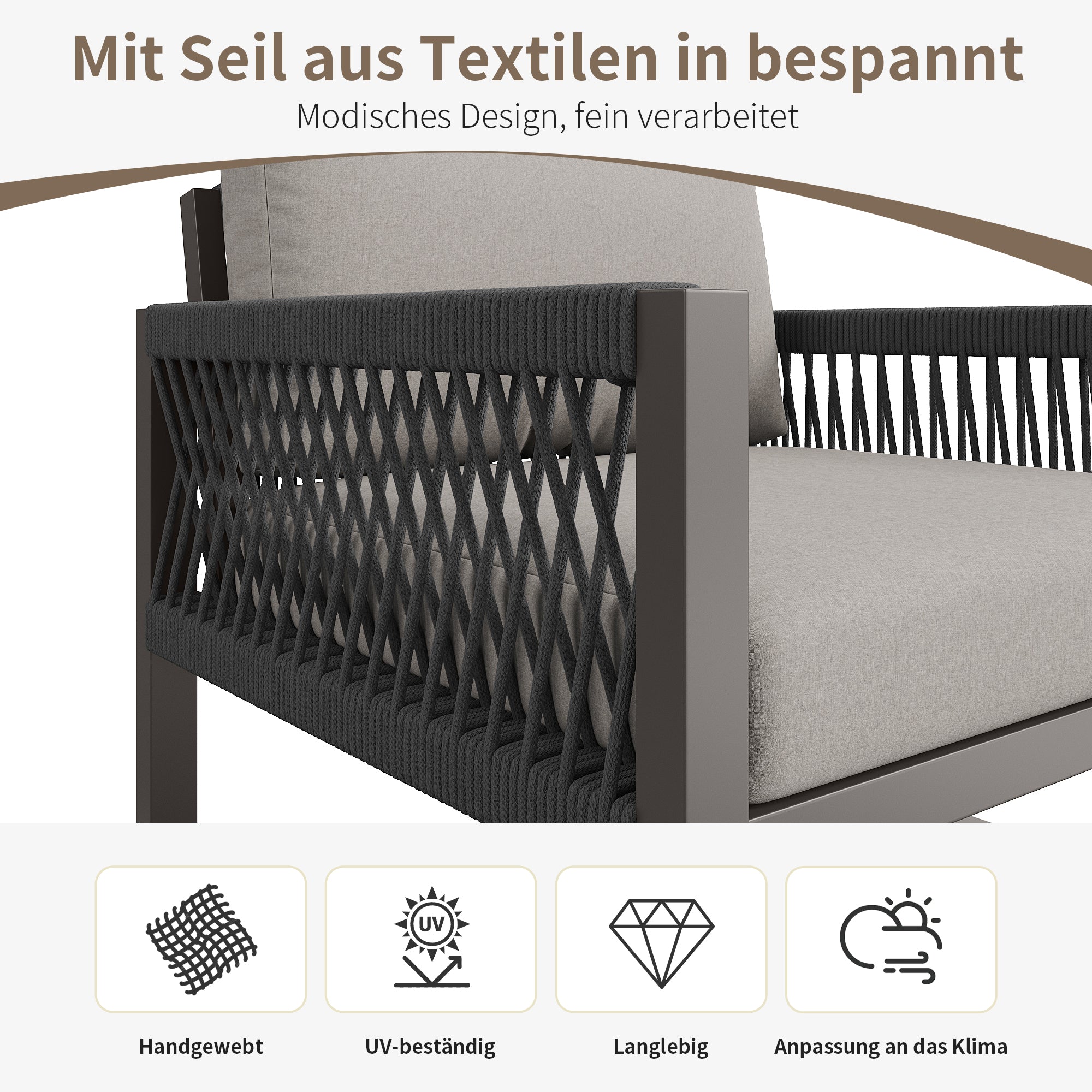 Garden Lounge Set 4-Piece Rope Glass Top - Grey