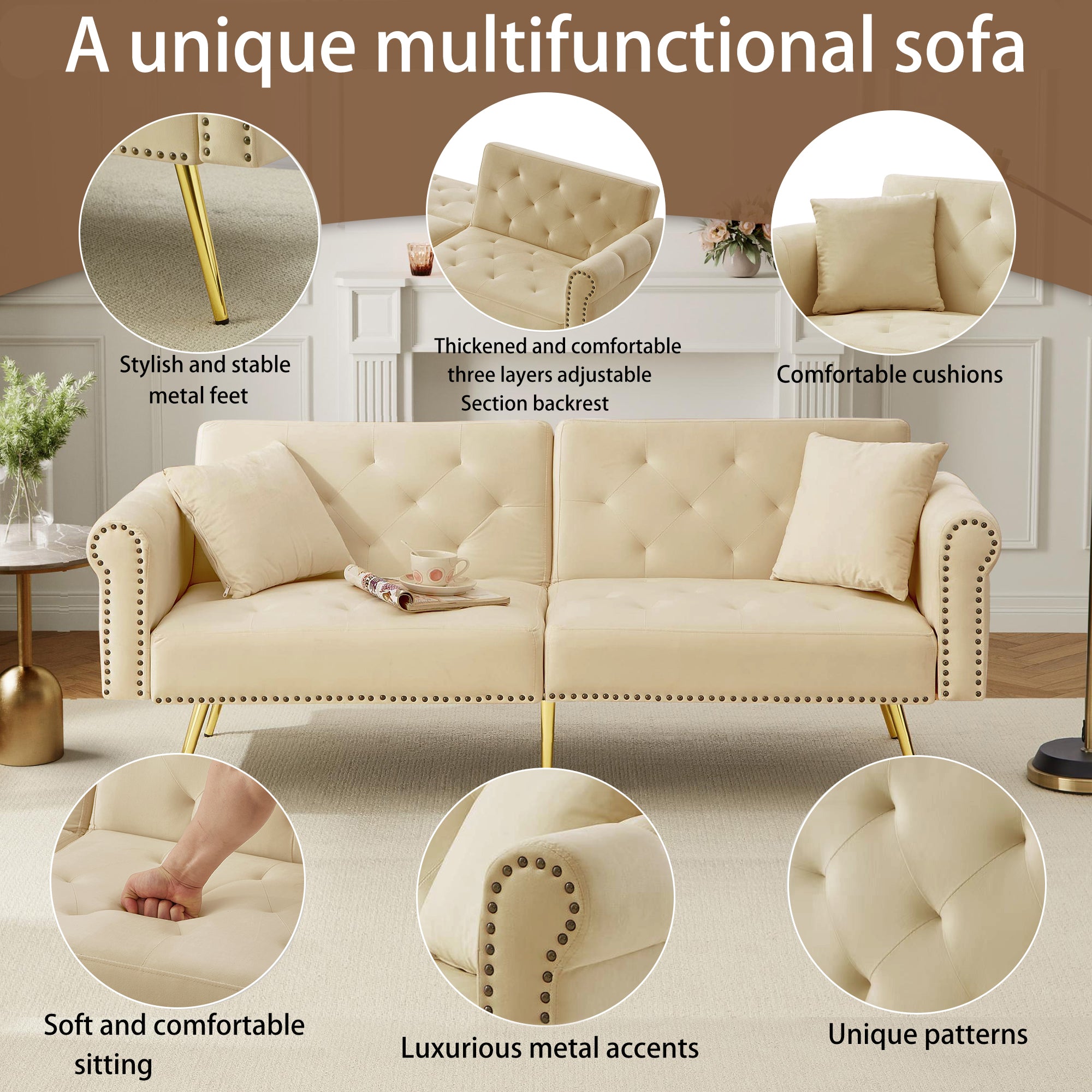 Modern 2-Seater Sofa Bed with 3-Stage Adjustable Backrest, Velvet