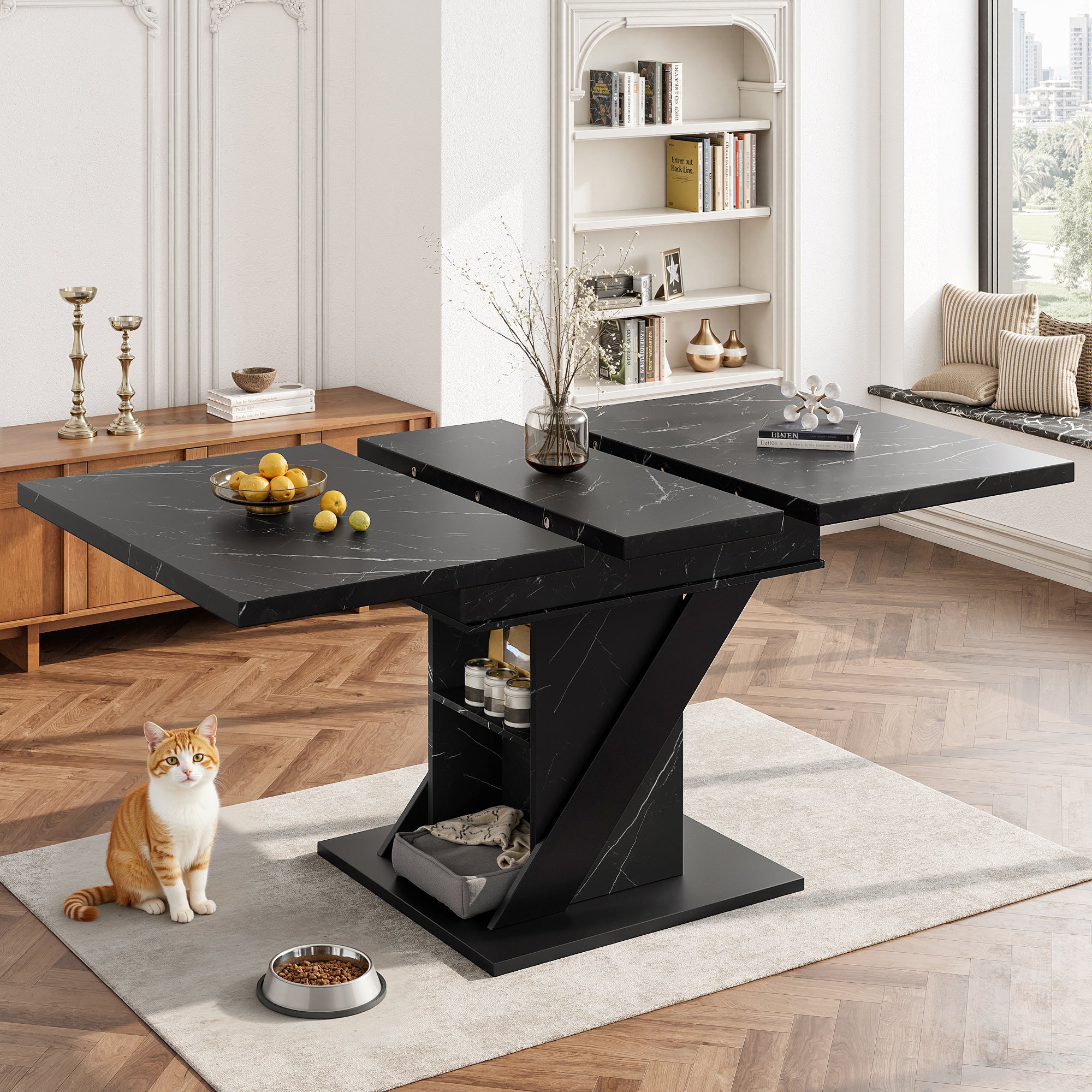 Telescopic Dining Table 110-140x80cm Extendable - Black Marble Look
