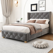Upholstered Bed, Single Bed-3ft(90*190cm) with Slatted Frame and Headboard, Button Upholstery, Rivet Upholstery, Wooden Legs, Velvet, Grey