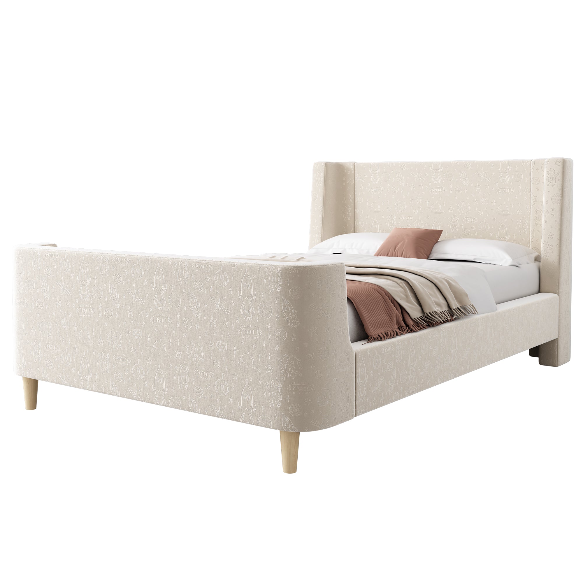Upholstered Children's Bed, Single Sleigh with Cosmic Pattern, Beige Velvet