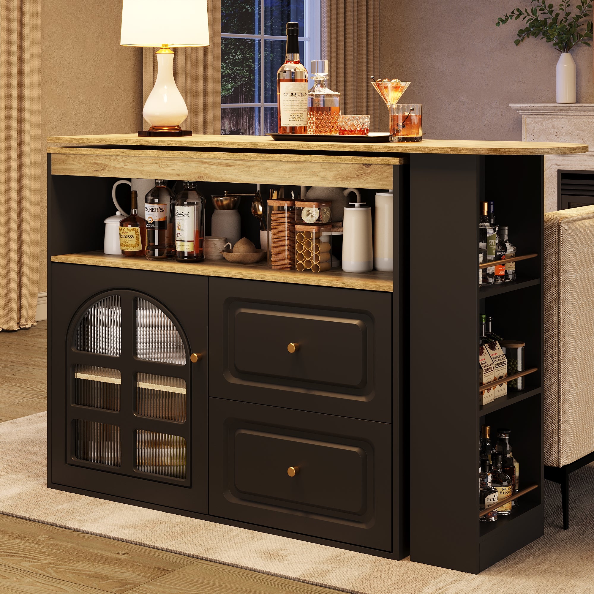 360° Rotating Dining Bar Storage with 2 Drawers Curved Glass - Black