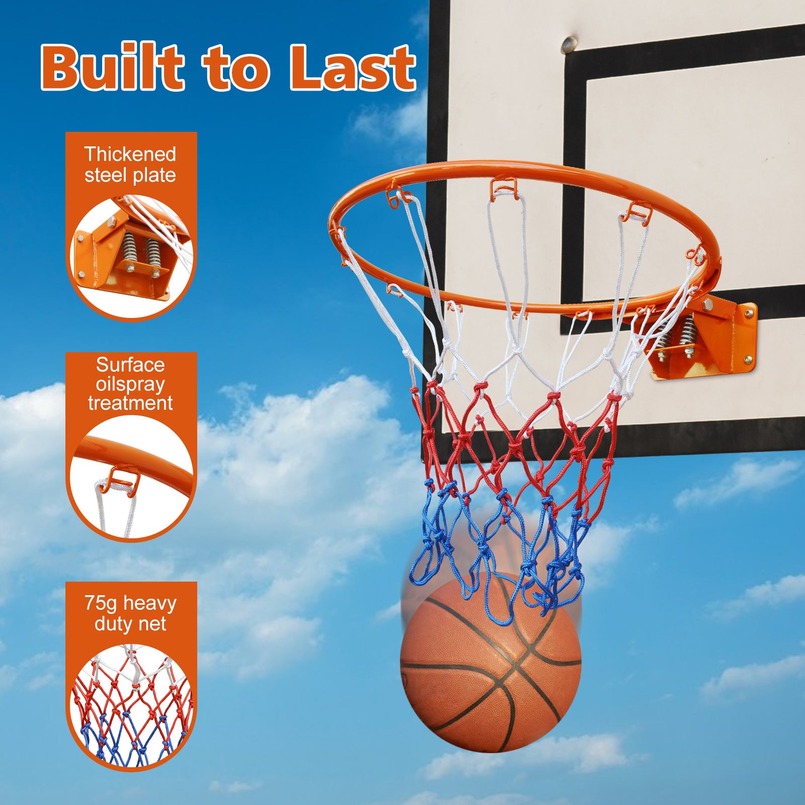 Basketball Rim Replacement, Double Spring Solid, In-Ground & Wall-Mounted Steel, Orange