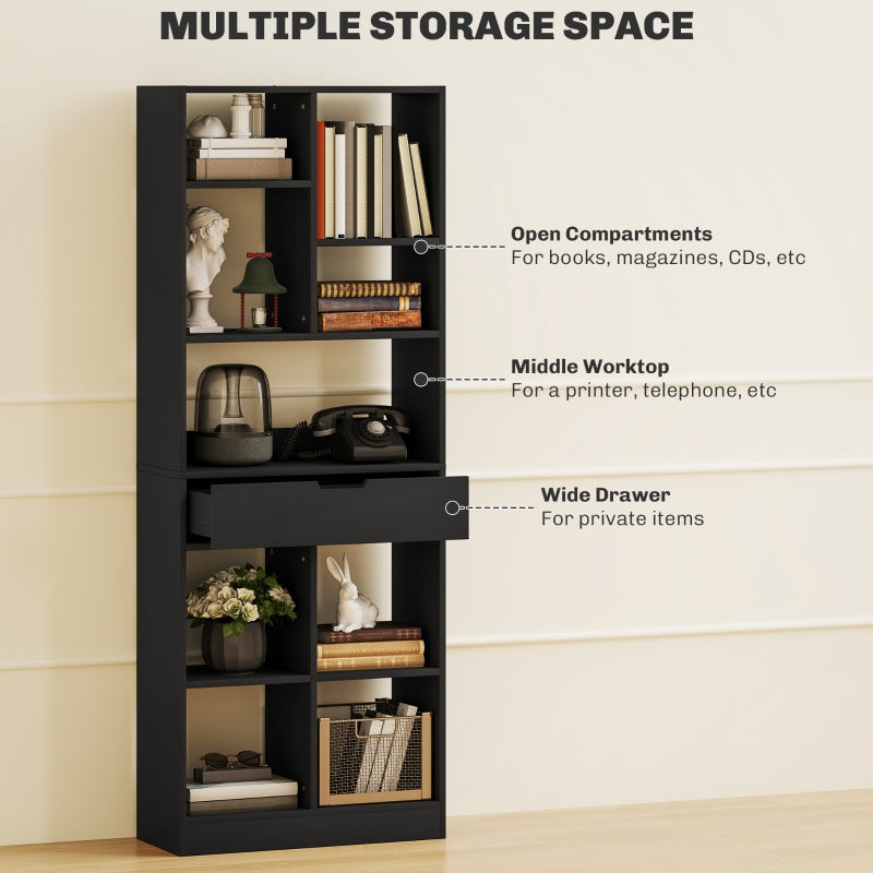 Tall Bookshelf with Drawer Freestanding Bookcase, Black