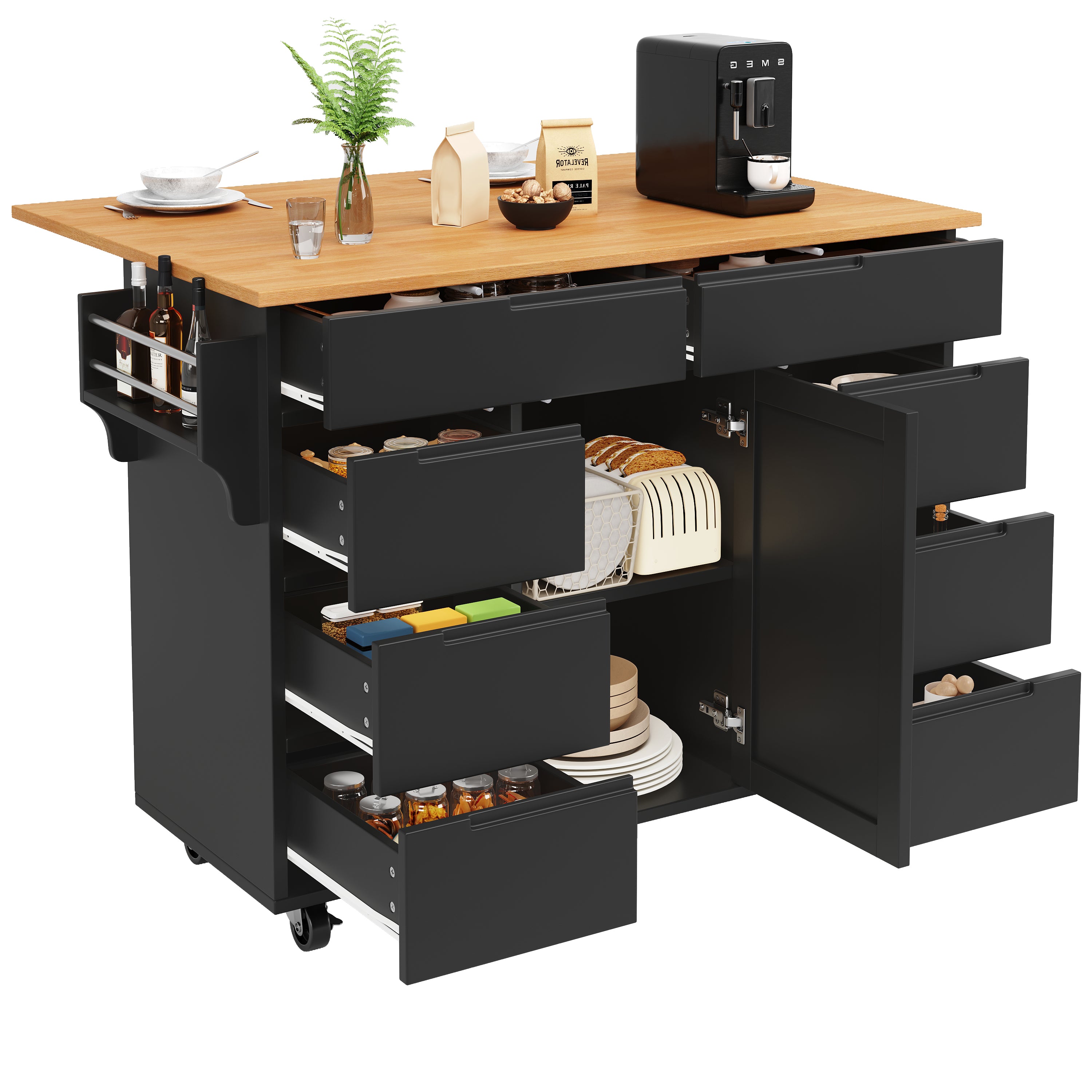 Kitchen Island Extendable Mobile Worktop 8 Drawers Spice Rack - Black