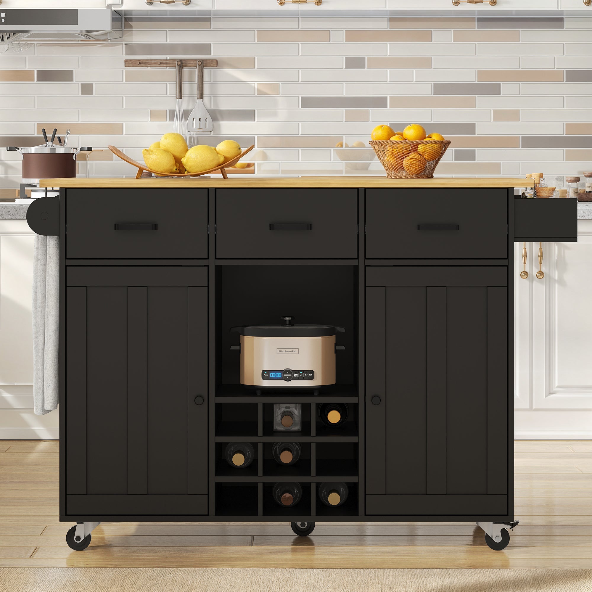 Dining Trolley Mobile Removable Worktop Spice Rack Adjustable Storage - Wood Grain Black