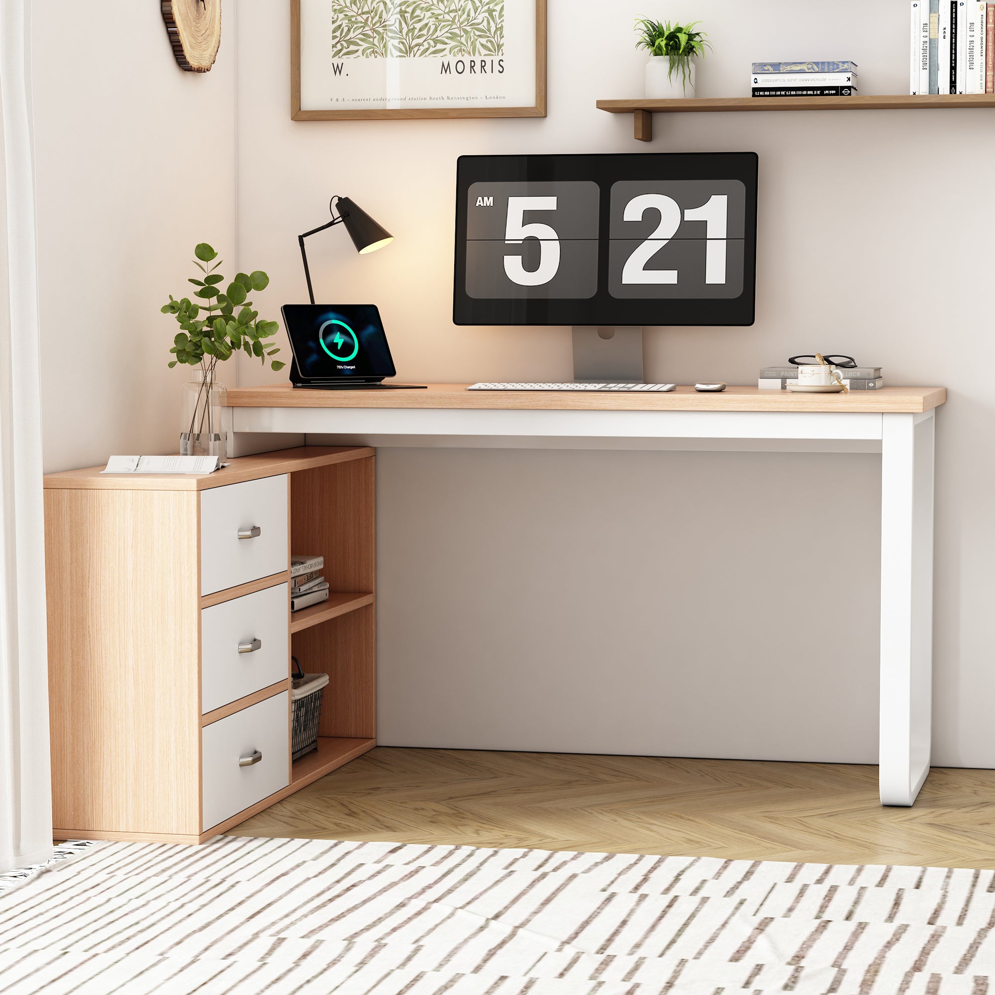 Simple Desk/Office Desk, Three Drawers, Two Open Storage, Natural