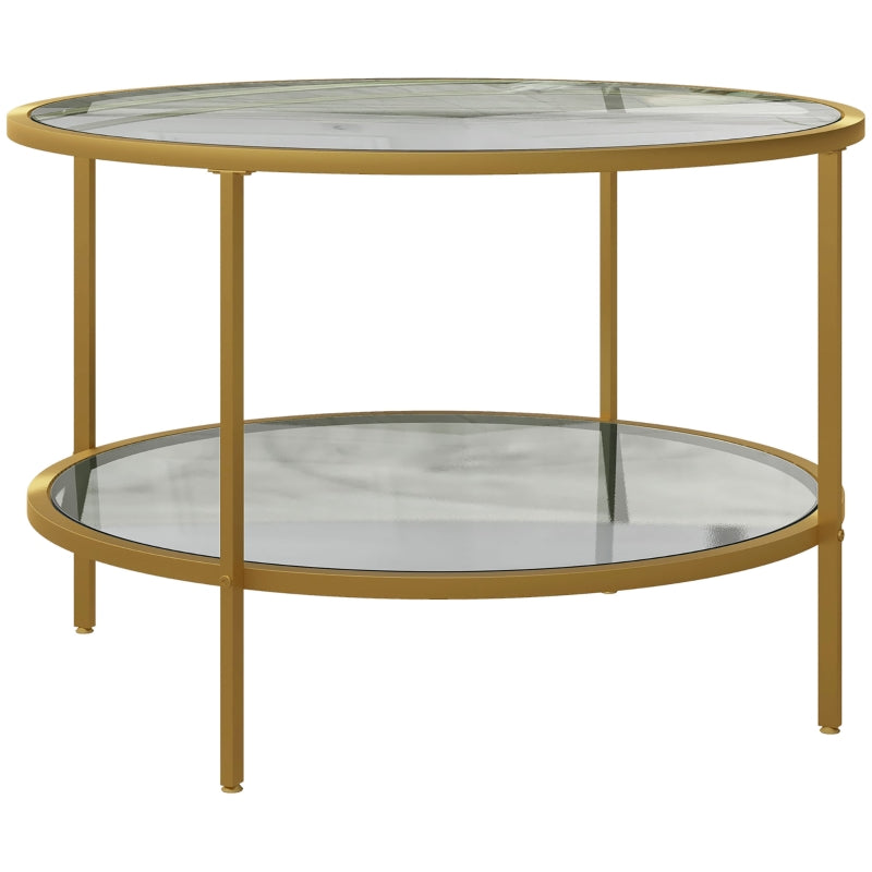 Round Coffee Table with 2-Tier Storage and Steel Frame, Tempered Glass Gold Tone