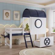 Bunk Bed, Half-Height Kids Bed with Roof, Window, Drawer & Ladder, Pine + MDF + Plywood, White + Dark Blue, 90x200cm