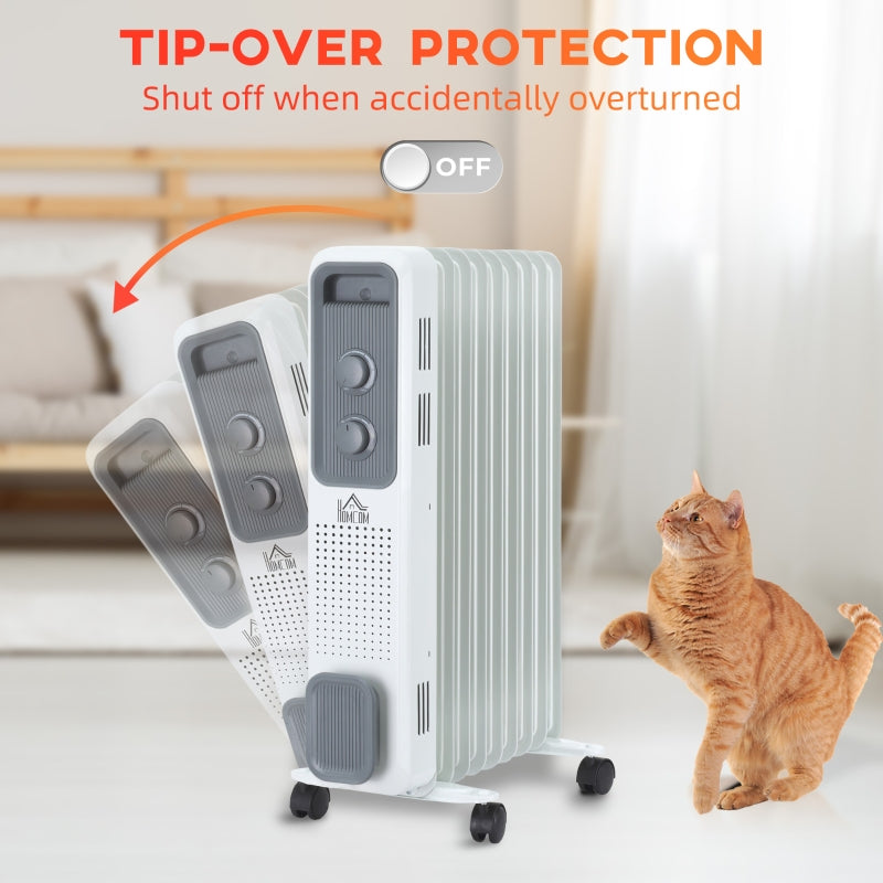 Oil Filled Radiator, 2000W 9 Fin Portable Heater 3 Settings, White