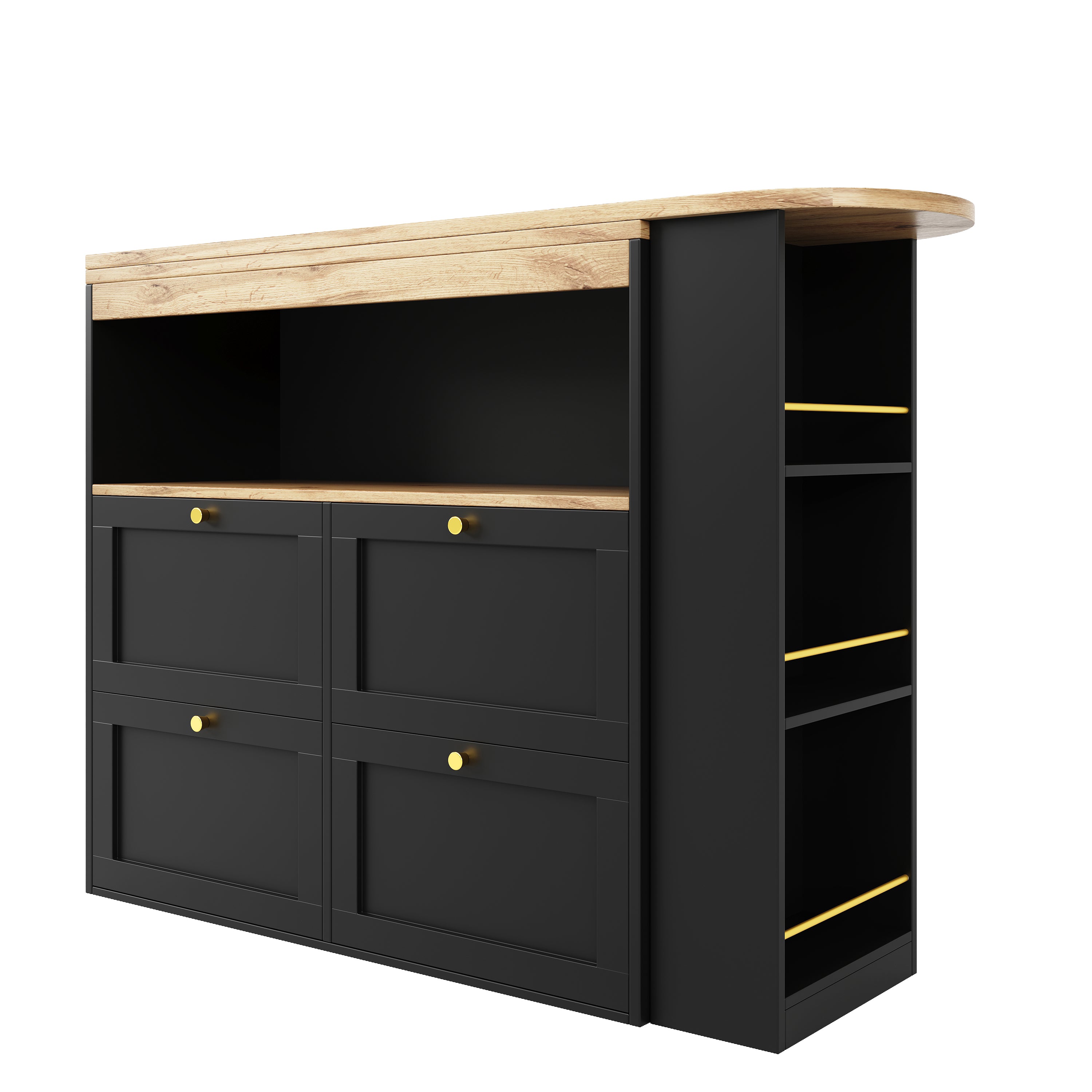 360° Rotating Bar Table with 4 Drawers and Open Shelves Storage