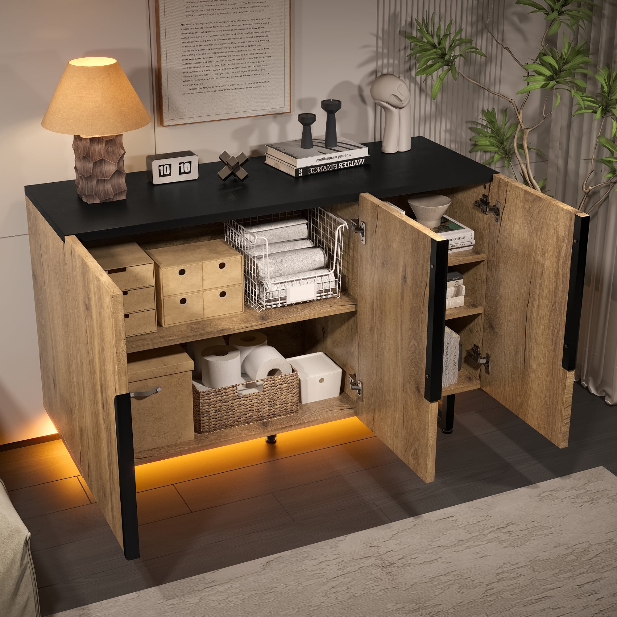 Sideboard, Retro with Integrated LED Lighting, Freestanding, Adjustable Shelves, Stylish Design