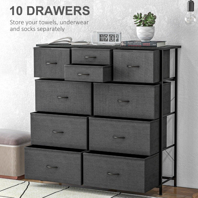 Bedroom Chest of Drawers, 10 Drawer Dresser Foldable Fabric Steel Frame, Black