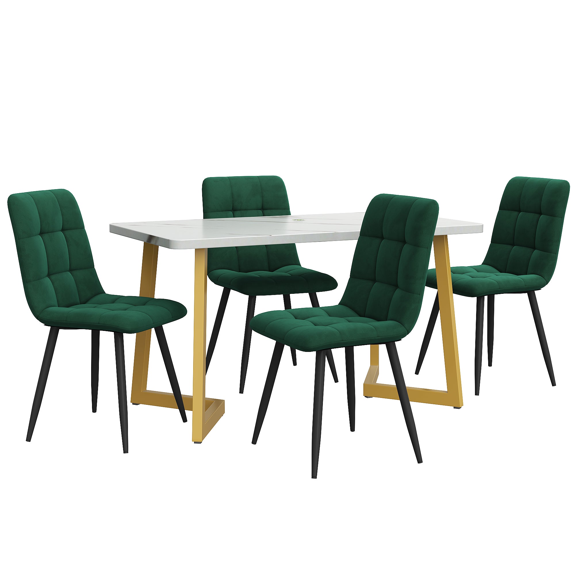 Dining Table Set, 117cm, Rectangular with 4 Chairs, Dark Green Velvet, Golden Legs