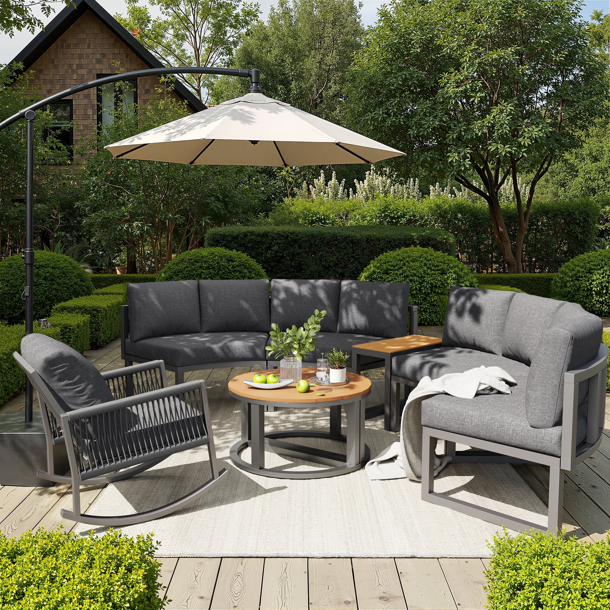 Garden Furniture Set, 4-6 Person Lounge with Round Sofa and Rocking Chair, Grey