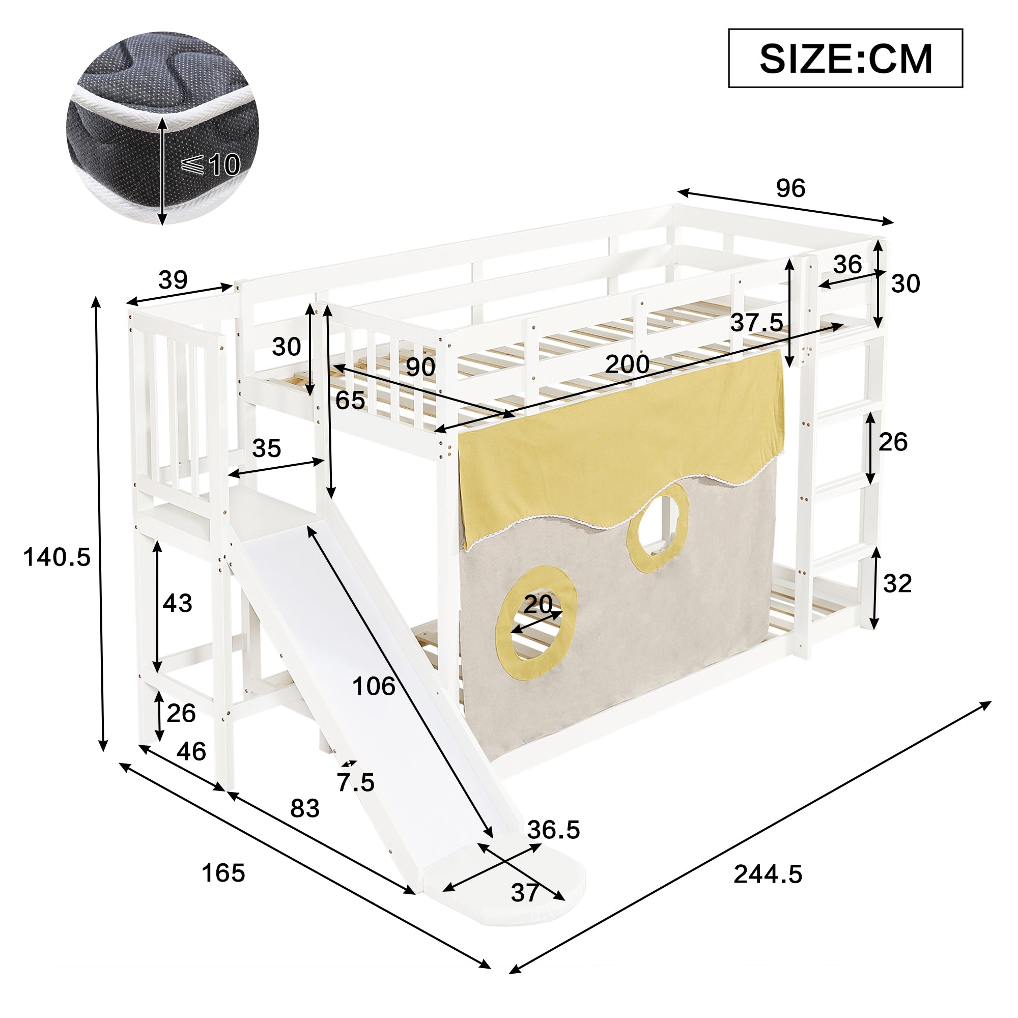 Bunk Bed with Stairs, Slide, Curtain, and Fall Protection, MDF+Pine, White