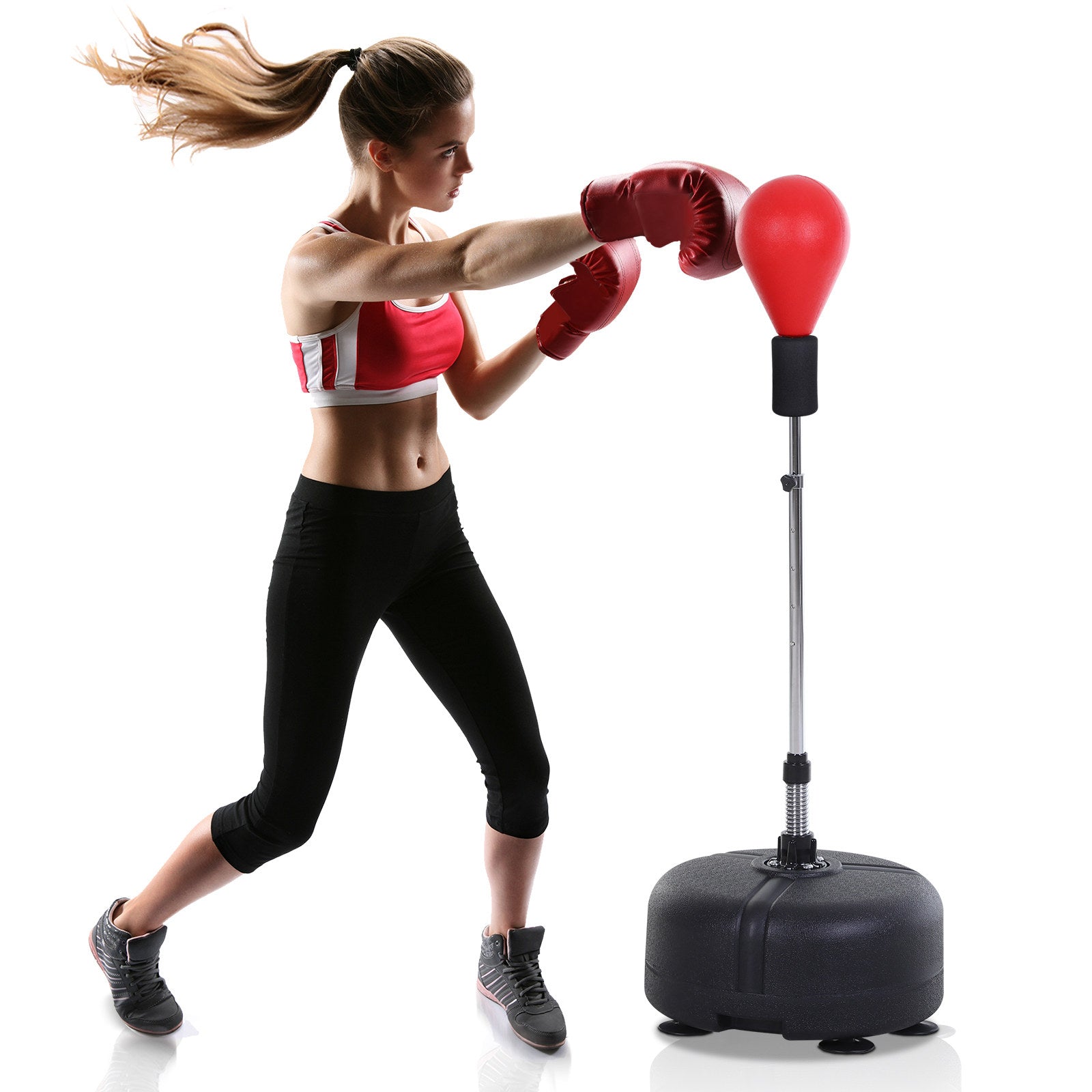 Punching Ball, Height Adjustable Standing Boxing Bag with Gloves, Red