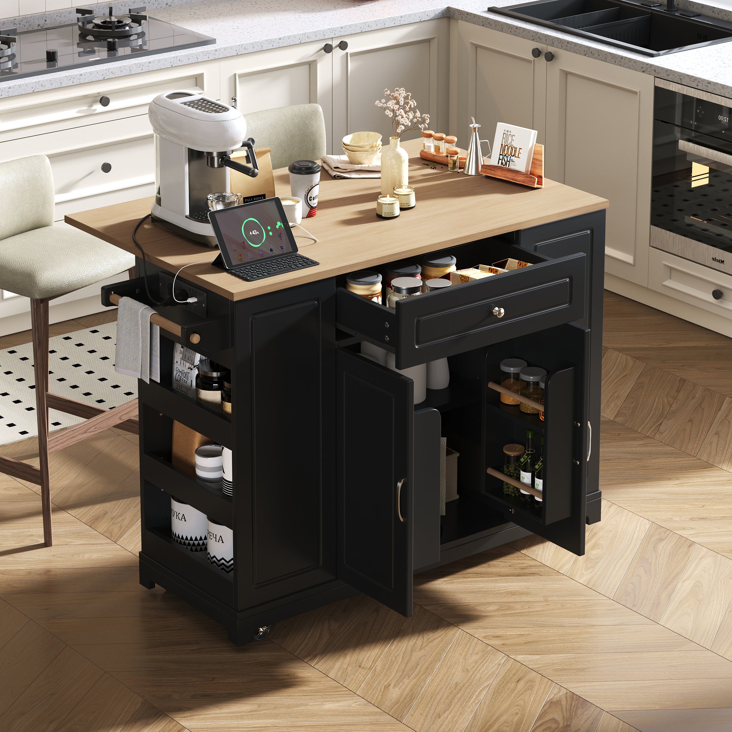 Mobile Kitchen Island Extendable Dining Area Drawers Waste Bin - Black