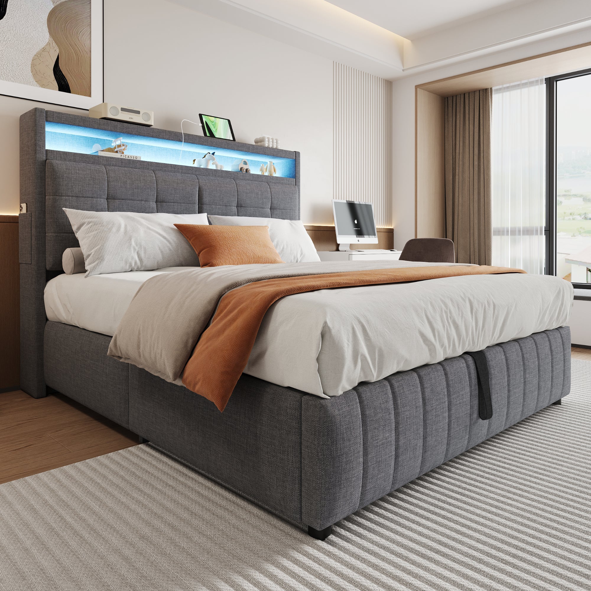 Upholstered Bed 160x200 cm, LED Lighting, USB Socket, Hydraulic Storage, Gray Linen