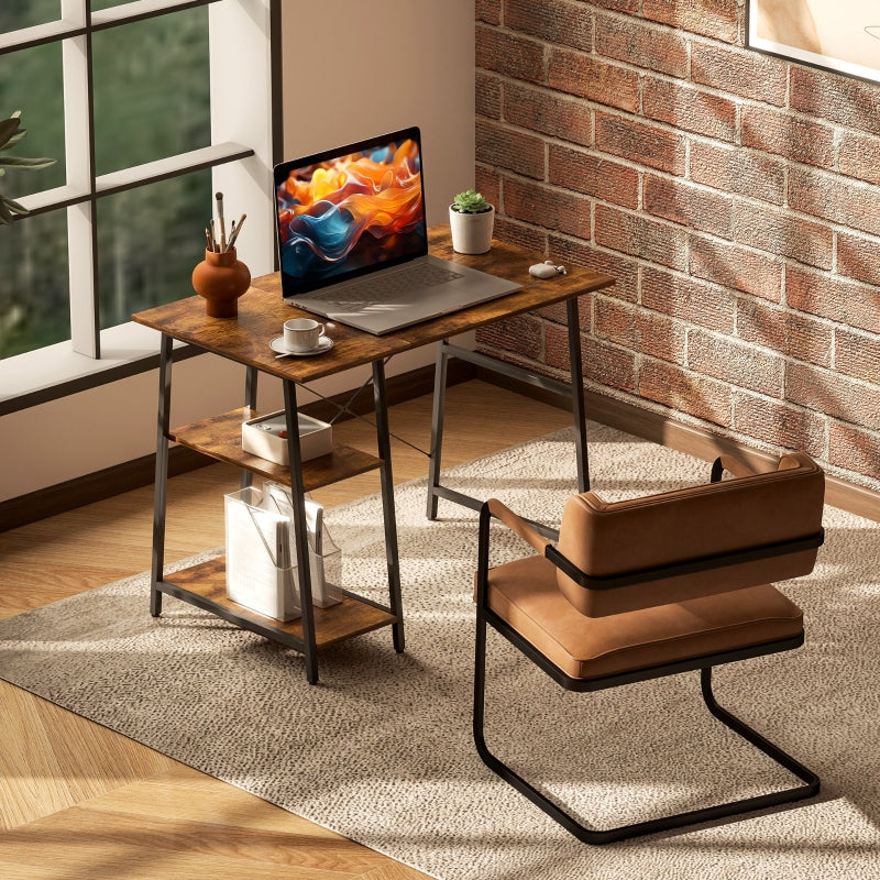 Computer Desk 100cm Storage 2 Tier Shelves Steel Frame Rustic Brown