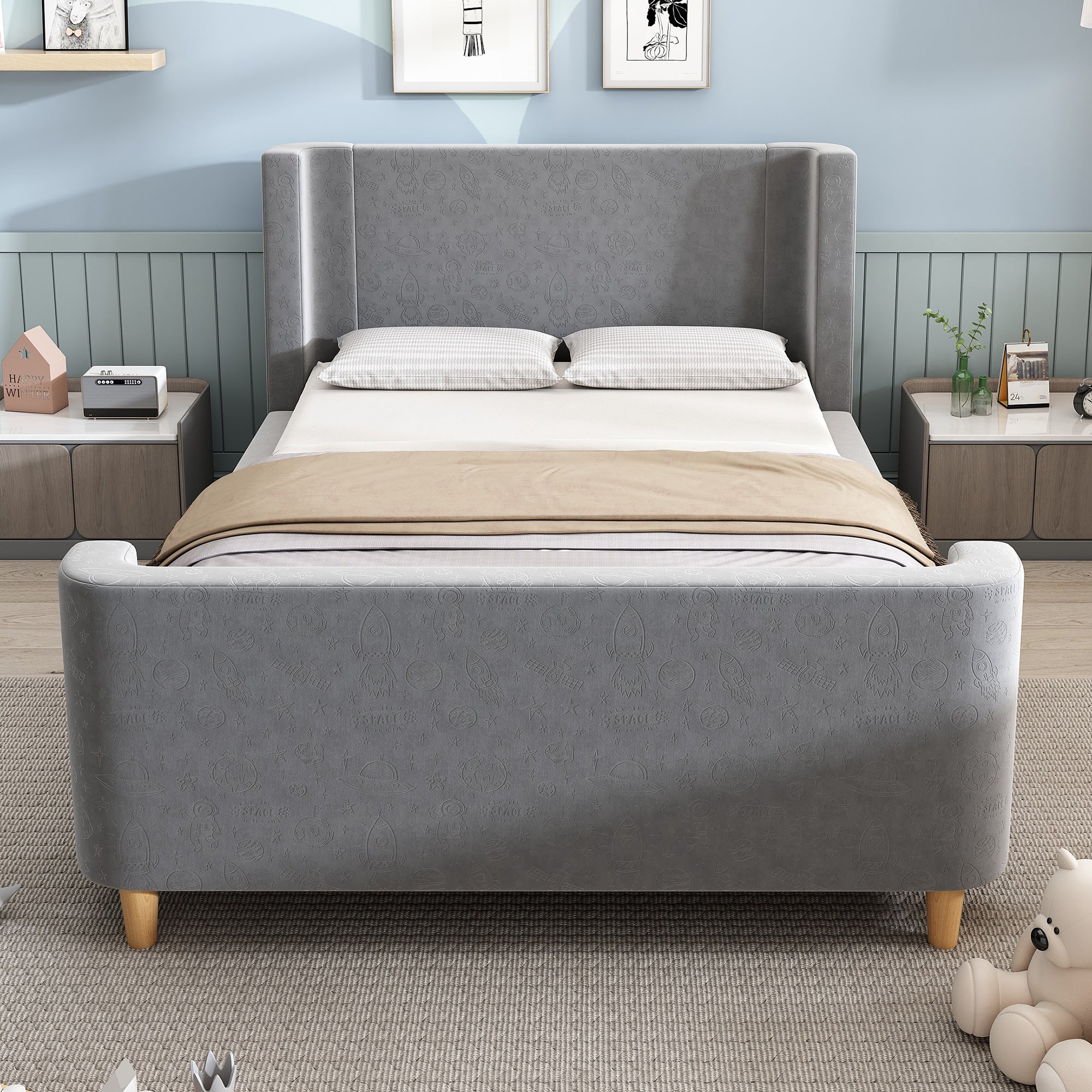 Children's Bed Upholstered Sleigh with Cosmic Pattern, 90x200cm, Grey Velvet