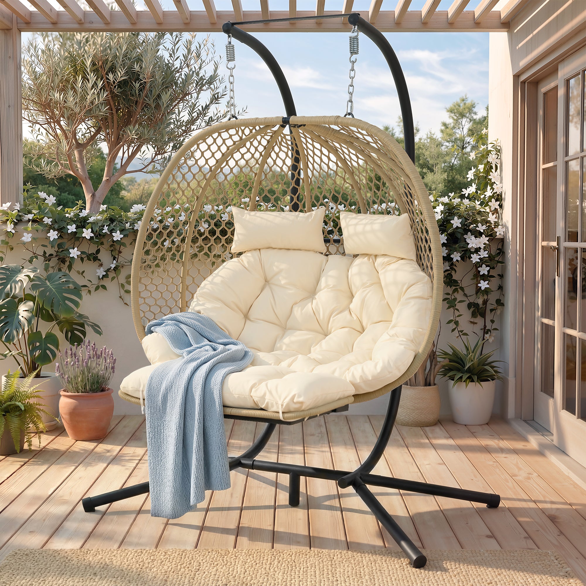Double Hanging Egg Chair with Stand, Seat Cushion and Footrest, Outdoor/Indoor, Metal and Rattan