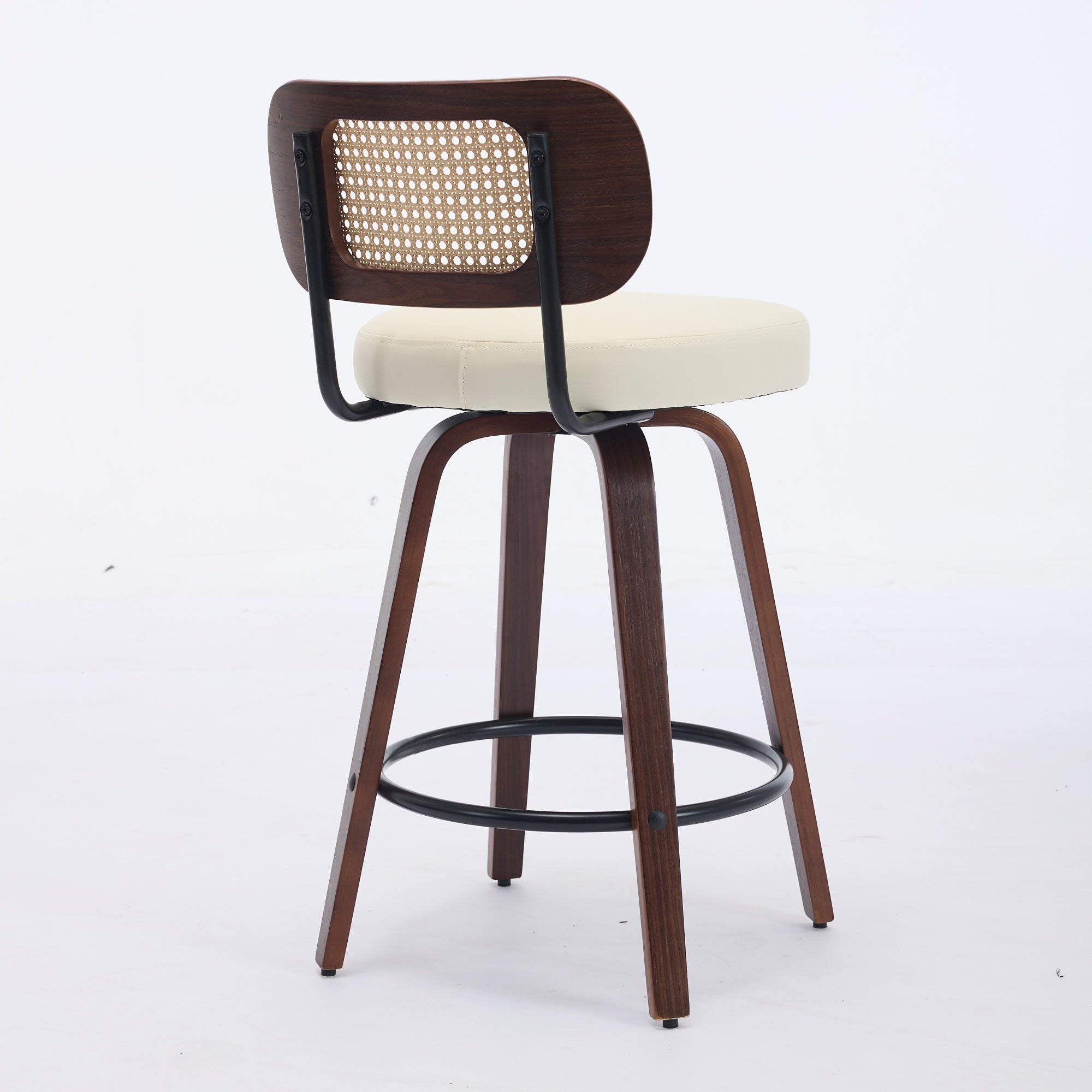Set of 3 Swivel Bar Stools with Rattan Cane Back and Upholstered Seat, Walnut and Beige