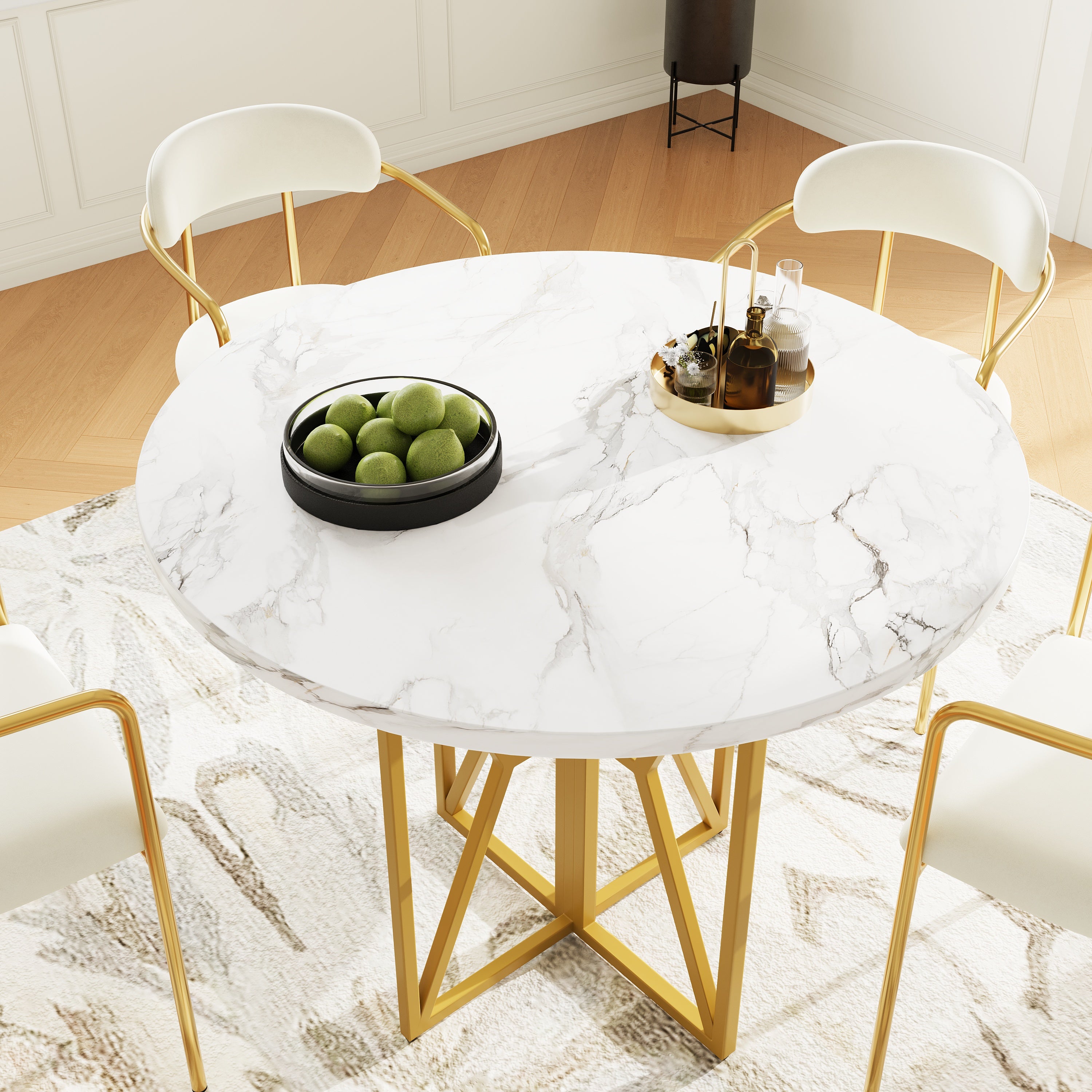 Round Dining Table 80cm 4-6 Seater Gold Legs - Marbled MDF