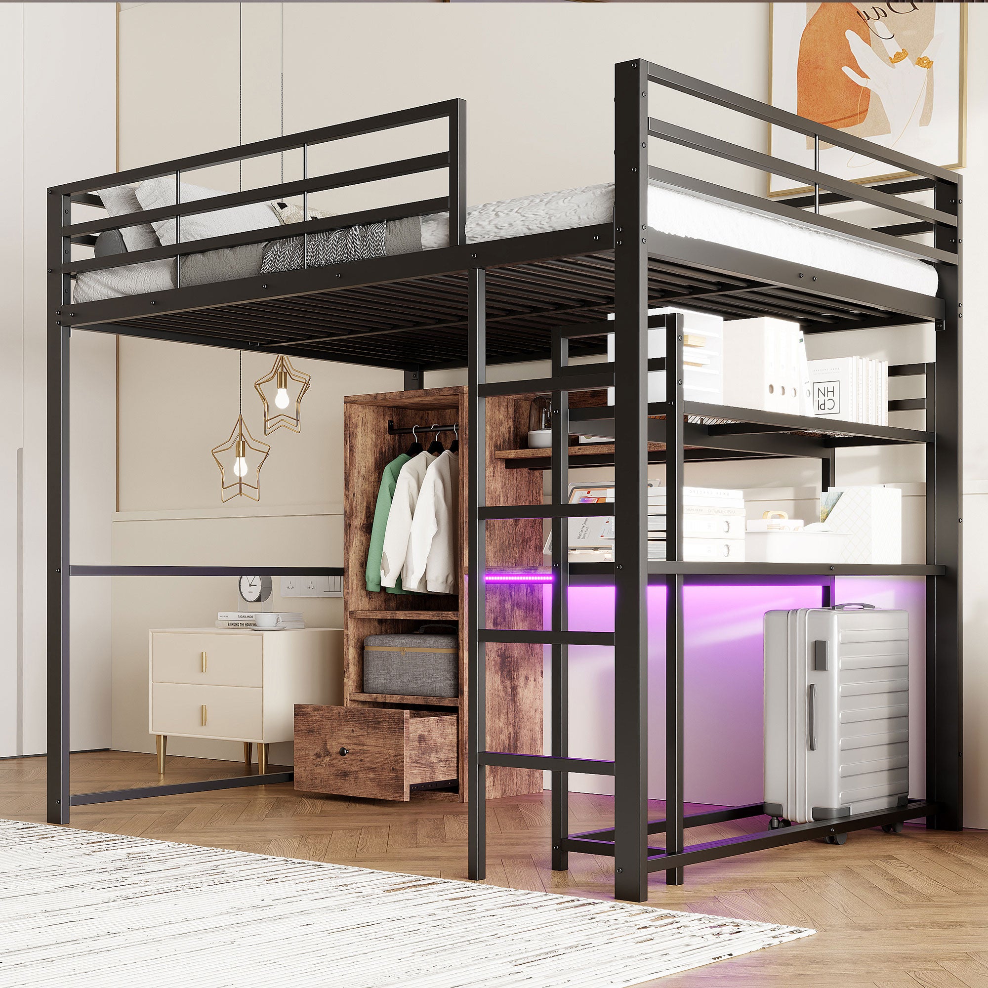 Loft Bed 140x200cm Metal LED Desk Drawer Shelves Stairs - Black