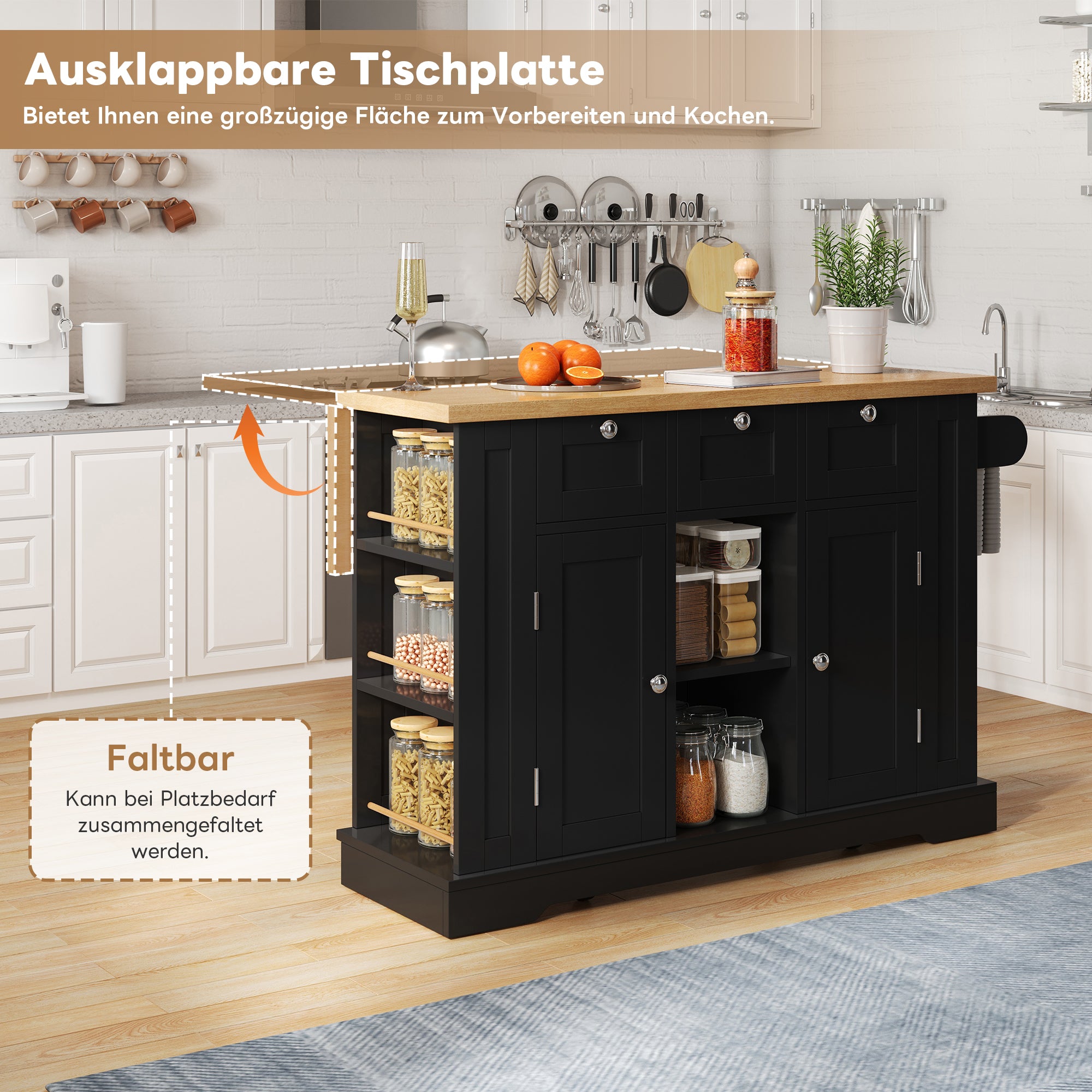 132cm Mobile Kitchen Table, Folding Worktop, Multifunctional Cabinet, Spice Rack, Towel Rail, Country Style