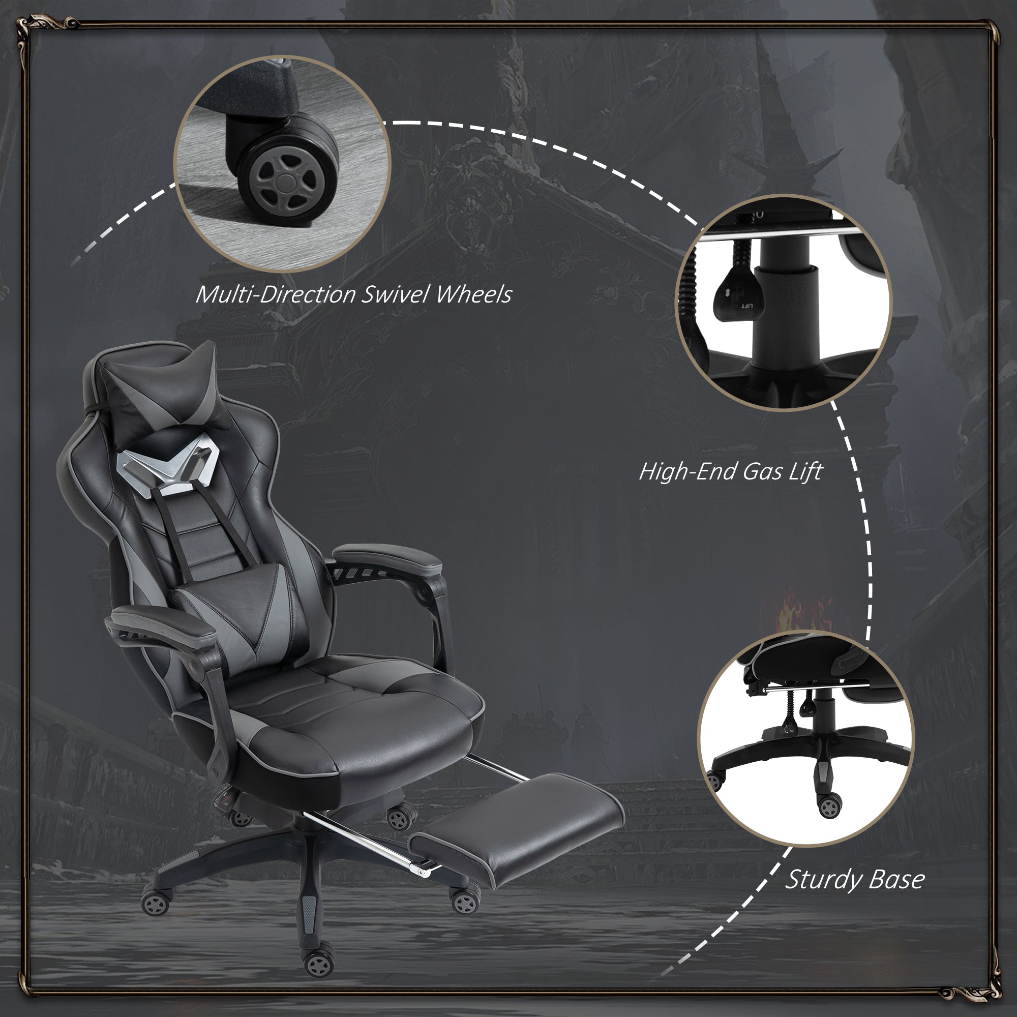 Computer Gaming Chair, Racing Style Lumbar Support Footrest Headrest Swivel Wheels, PU Leather Grey