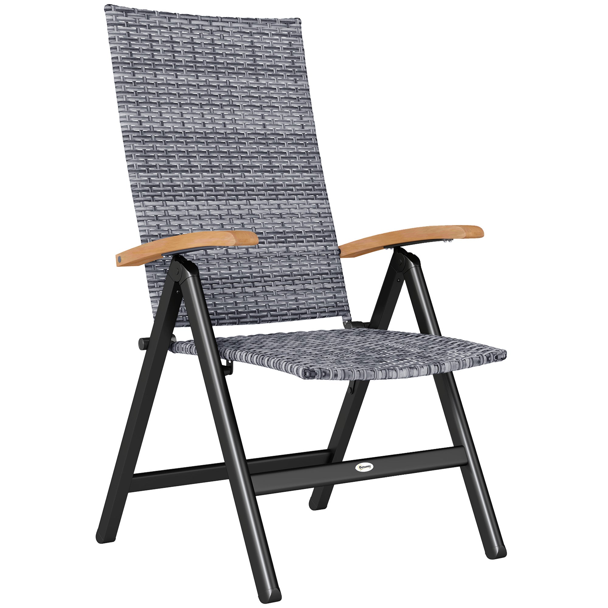Folding Rattan Garden Dining Chair, 5-level Reclining High Back Wood Armrests, Light Grey