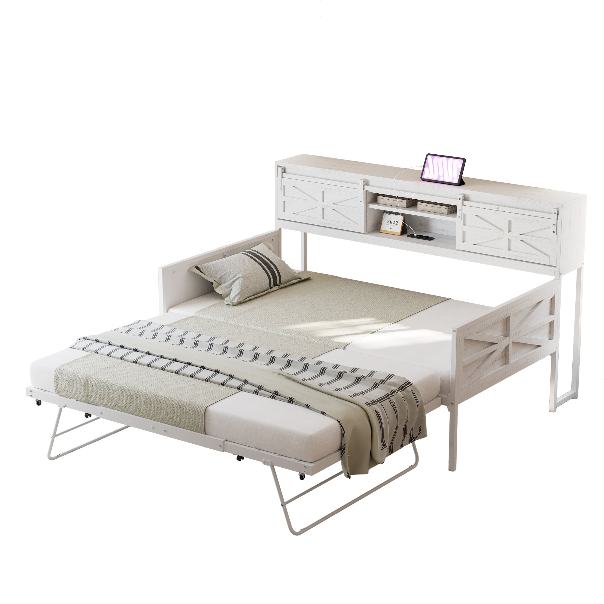 Iron Sofa Bed, 90x200cm Pull-Out with Storage & Sockets, White