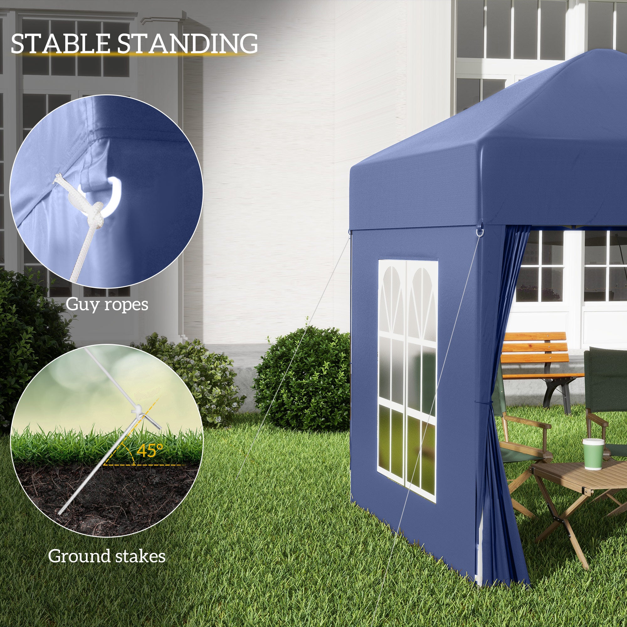 2x2m Pop Up Gazebo Tent with Water Resistant Sidewalls and Windows, Blue
