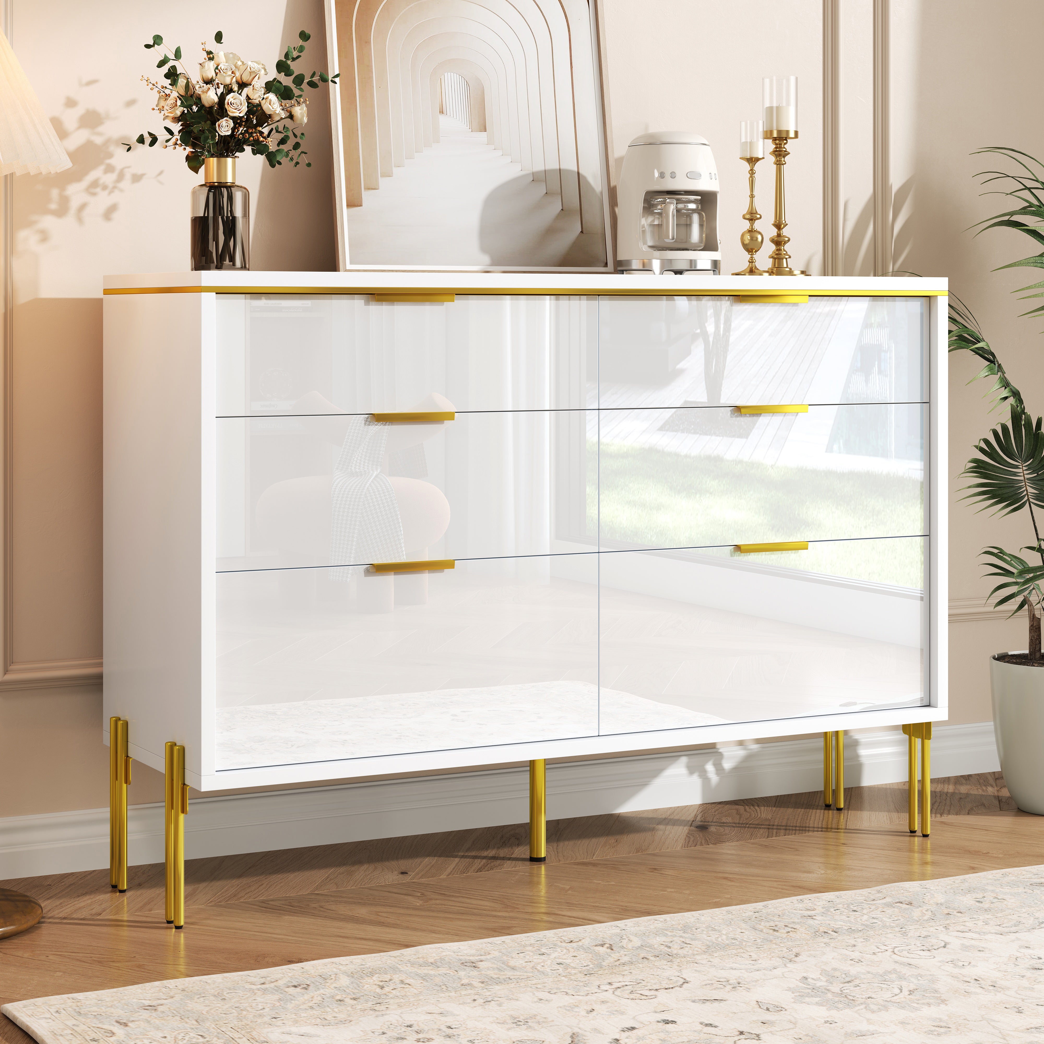 Modern Sideboard Cabinet 6 Drawers Large Storage High-Gloss White and Gold