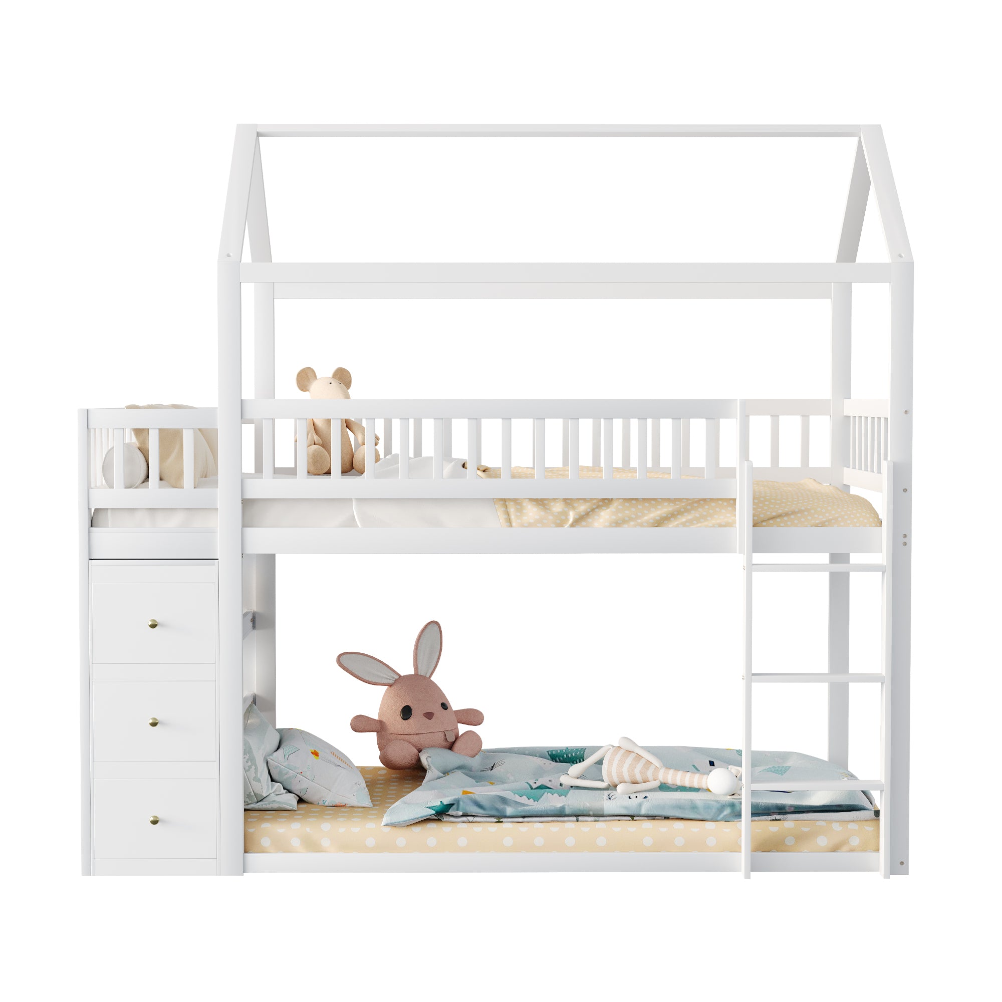 Bunk Bed, House Shape with Storage and Ladder, Solid Wood, White